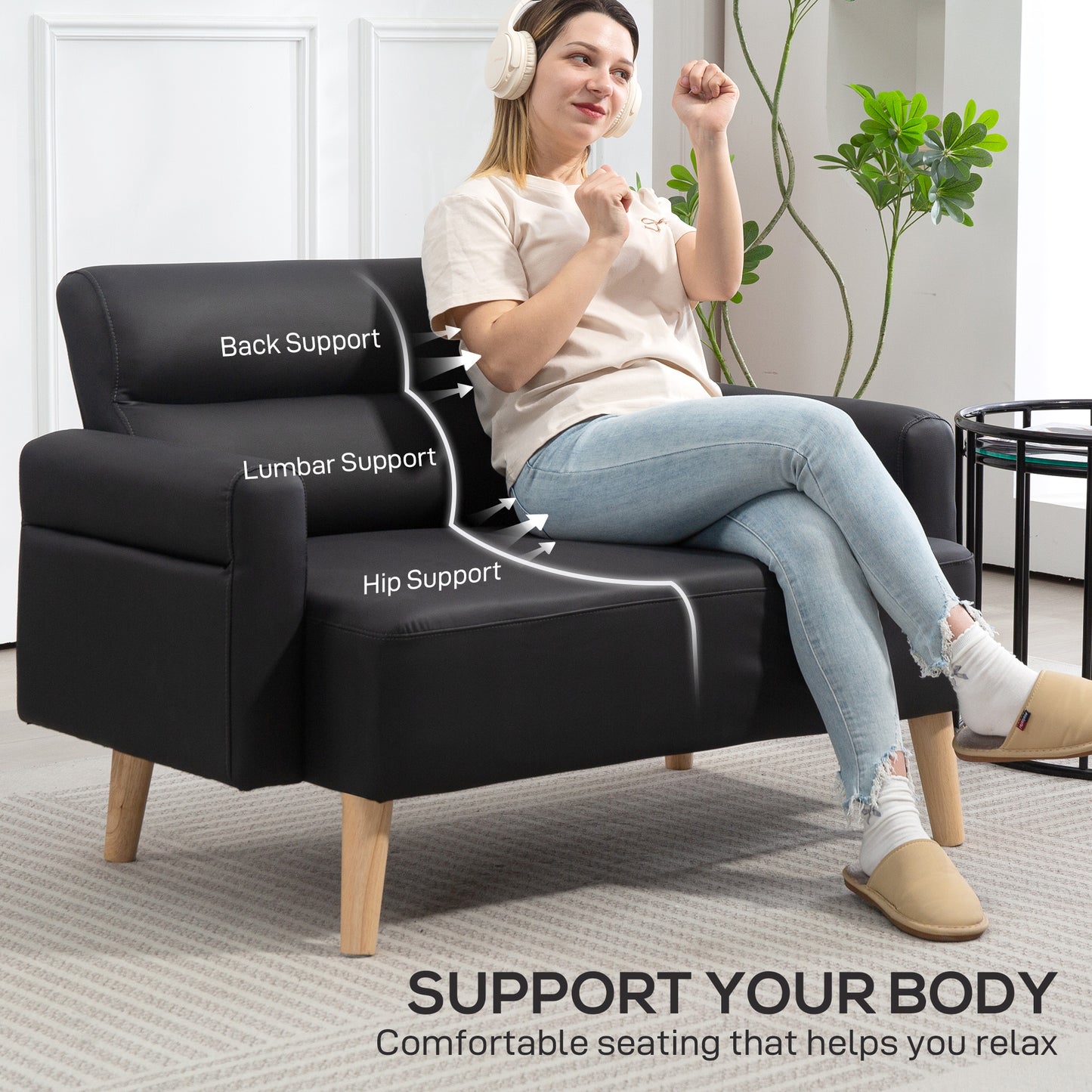 HOMCOM Small Faux Leather 2 Seater Sofa Set Black Compact Loveseat for Small Rooms