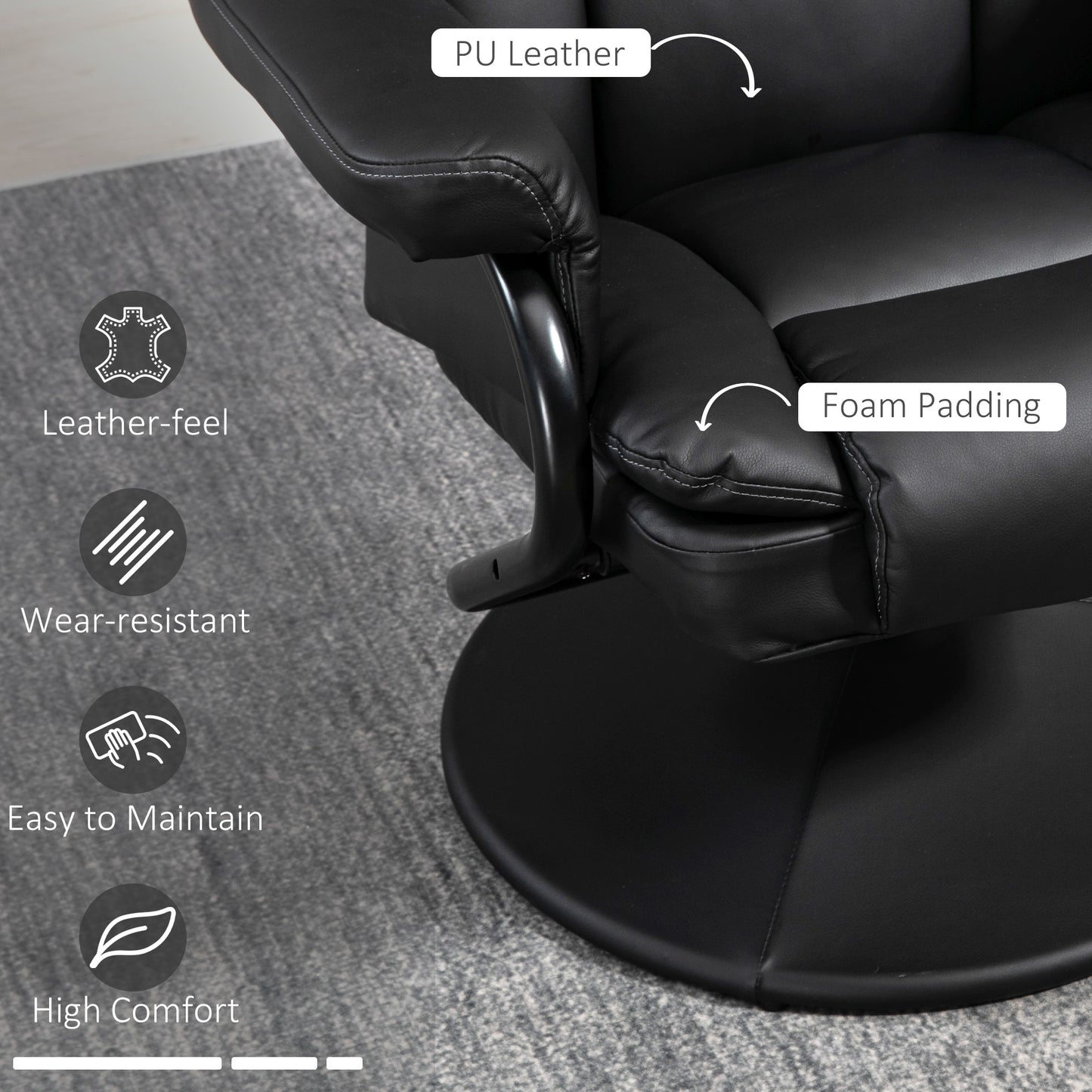 HOMCOM Swivel Recliner Chair With Ottoman In PU Leather With Steel Base For Living Room Bedroom Office Black