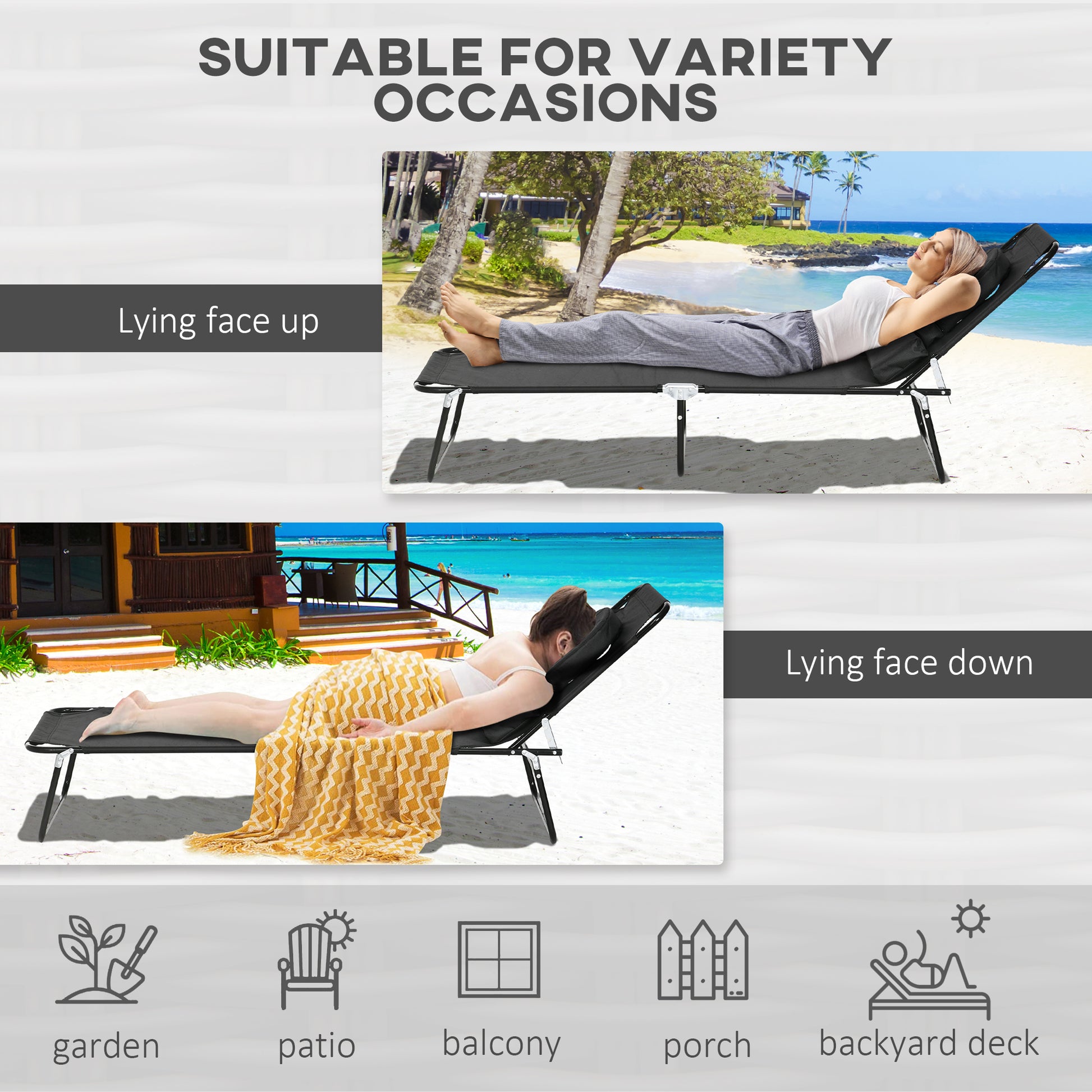 Outsunny Adjustable Outdoor Sun Lounger Set of 2 with Padded Face Hole and Reclining Backrest - Black - ALL4U RETAILER LTD