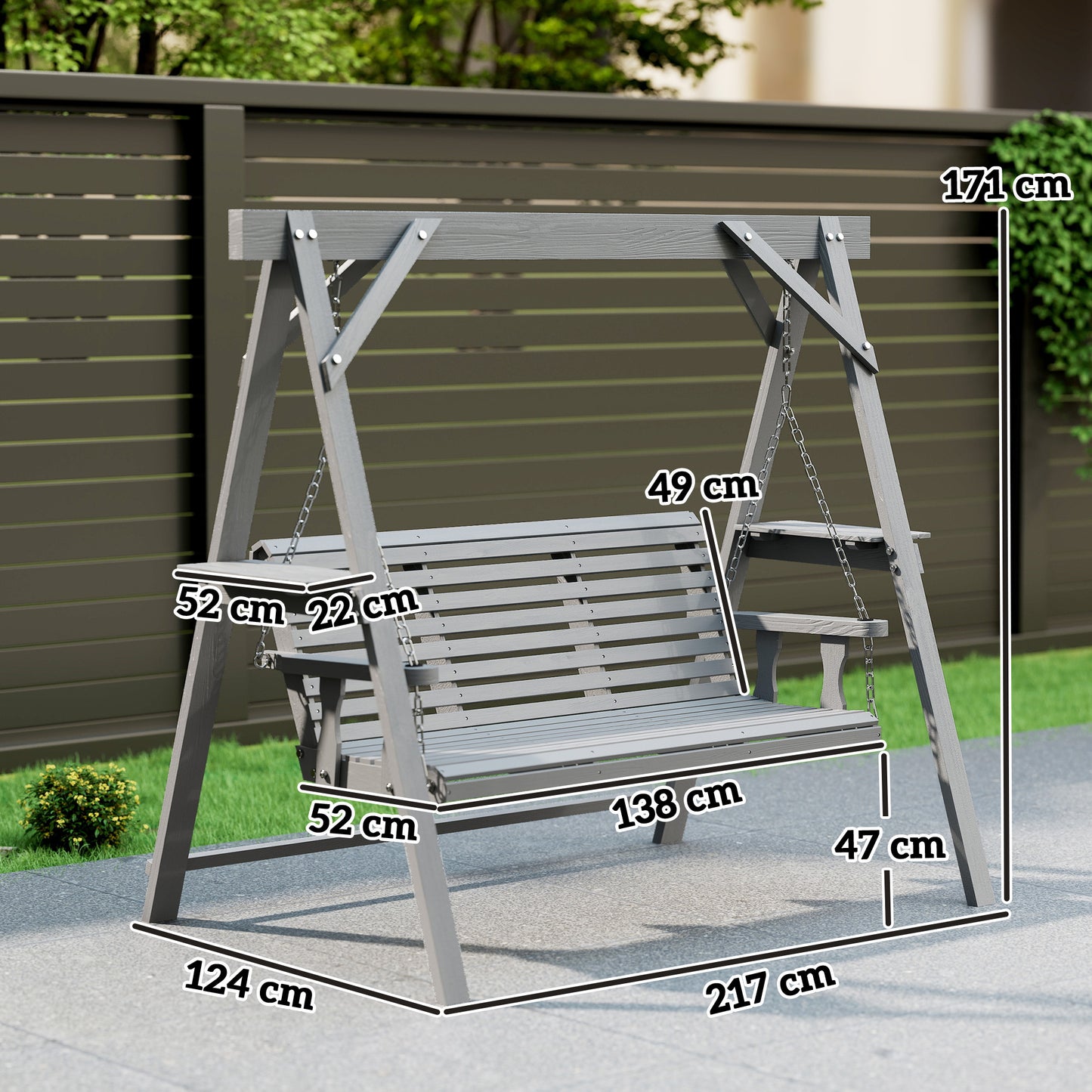 Outsunny Three Seater Wooden Swing Bench With Side Tables Outdoor Garden Furniture In Dark Grey