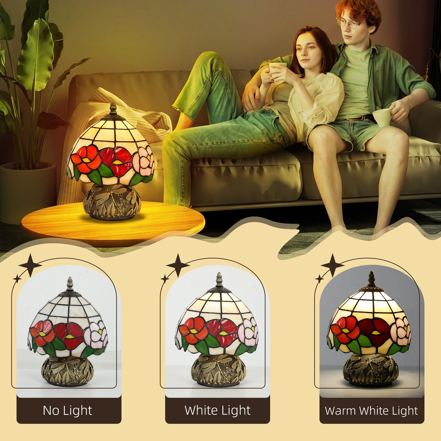 HOMCOM Handcrafted Classic Stained Glass Bedside Lamp Tiffany Style Lamp with Sculpted Dragonfly Base Multi Coloured