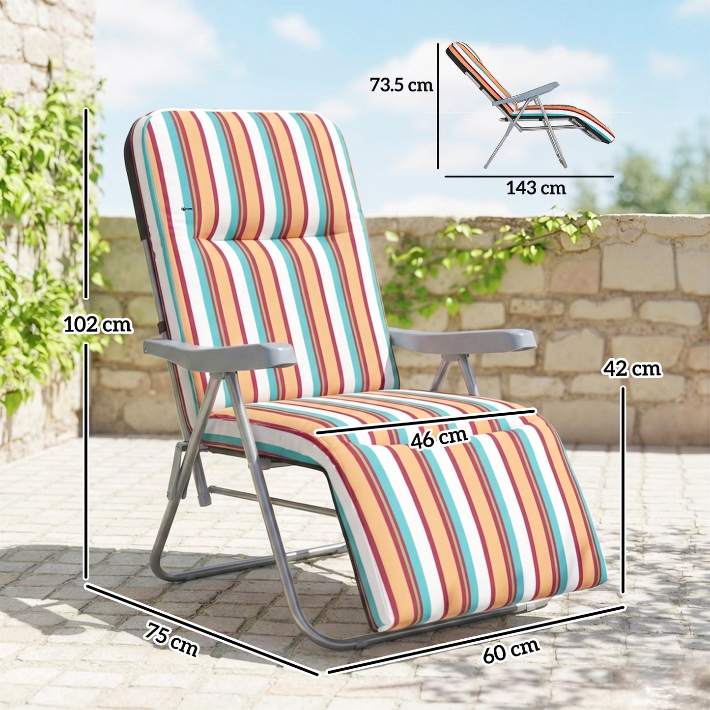 Outsunny Set Of 2 Foldable Patio Sun Loungers With Adjustable Backrests And Cushions Multicoloured