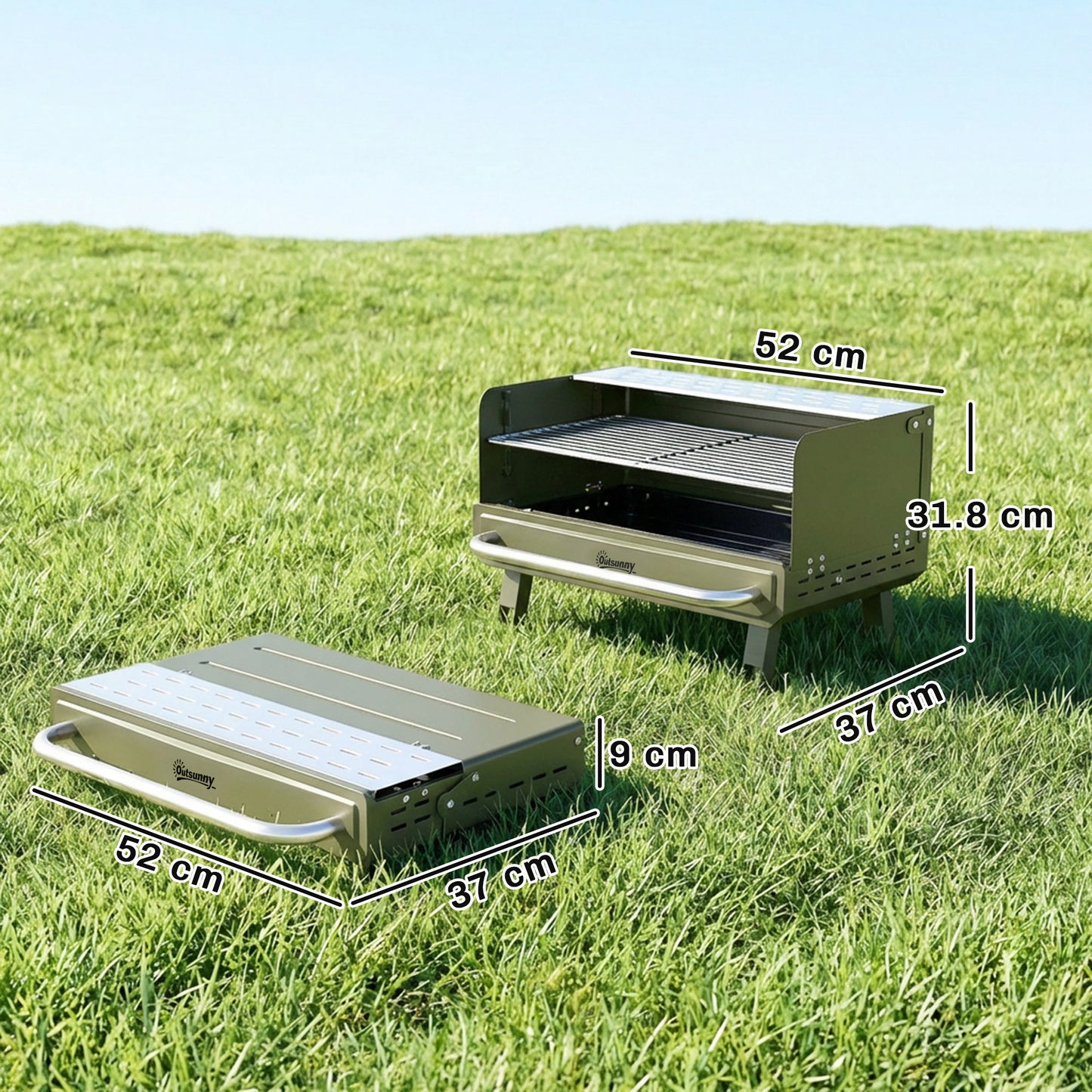 Outsunny Portable Charcoal BBQ Grill with Adjustable Grates, Foldable Legs, Side Shelf for Camping Travel Green