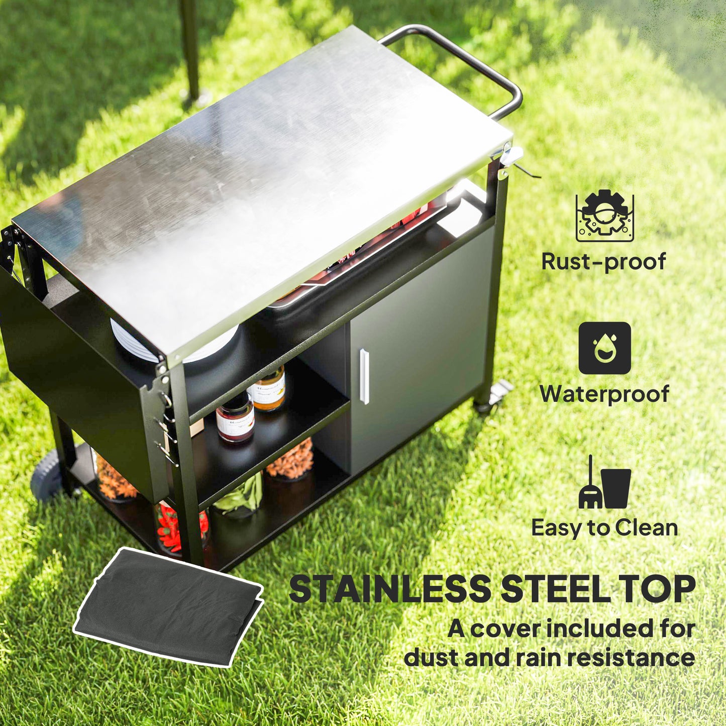Outsunny Outdoor BBQ Trolley With Foldable Side Table Stainless Steel Top Wheels Shelves Cabinet Movable Grill Cart