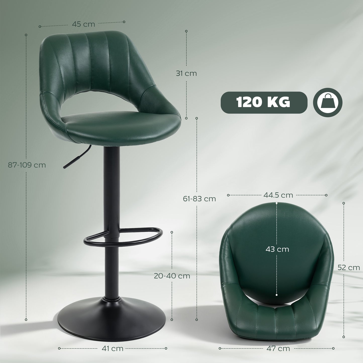 HOMCOM Set of Two Faux Leather Bar Stools Dark Green Adjustable Height 87 to 109 cm 360 Degree Swivel Comfort Foam