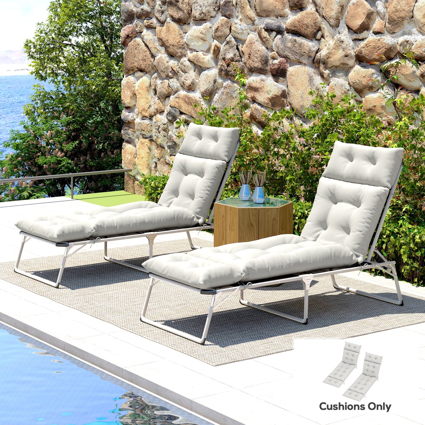 Outsunny Set Of Two 190 X 56 Cm Sun Lounger Cushions Light Grey With PP Foam Fill And Tie Fasteners