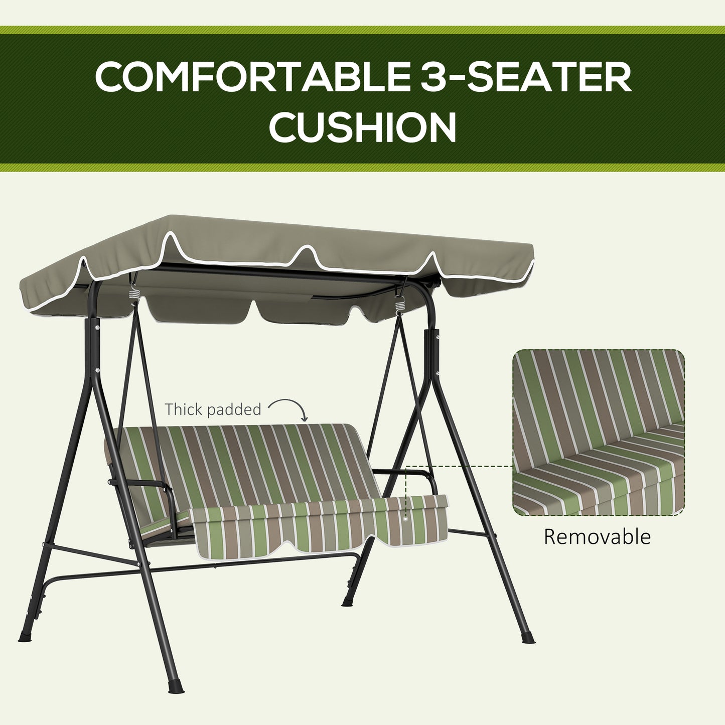 Outsunny Three Seater Garden Swing Chair With Adjustable Canopy And Padded Seat For Outdoor Patio Green