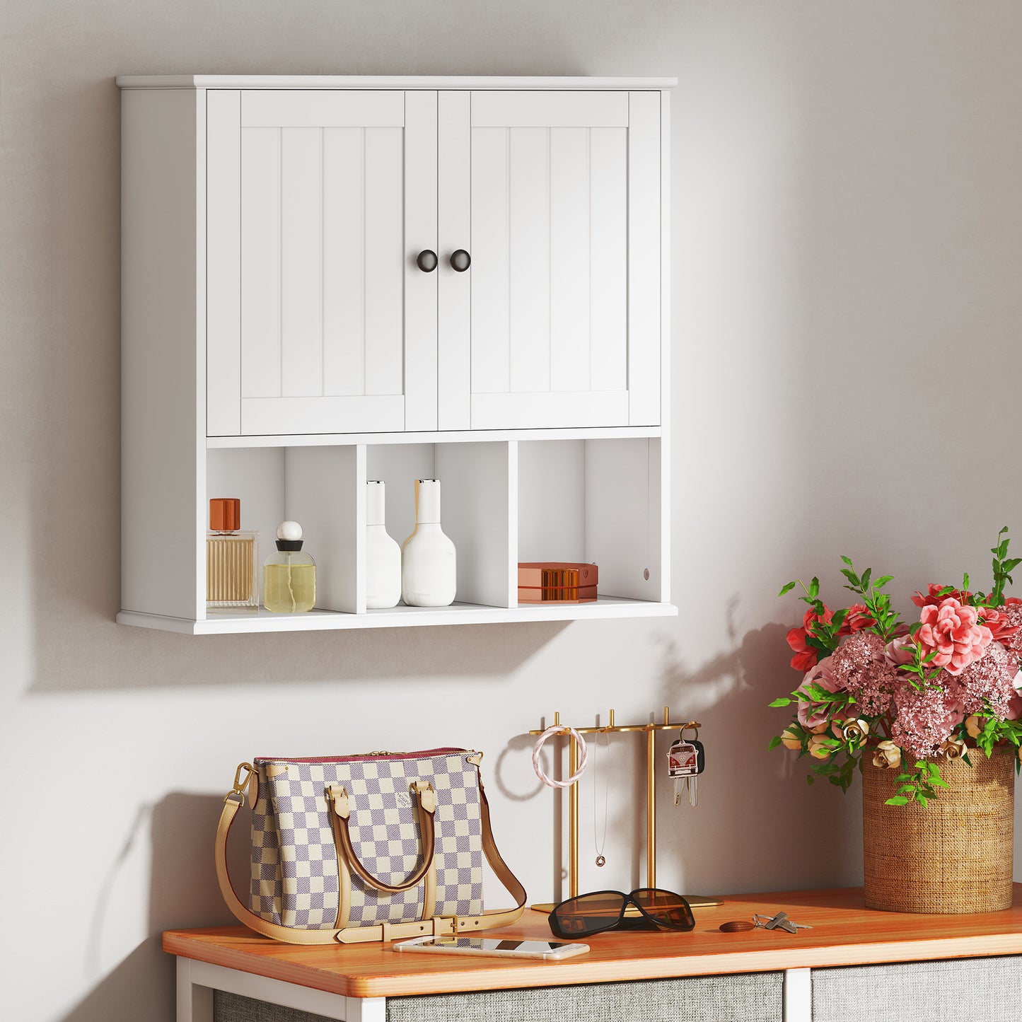 HOMCOM Farmhouse Wall Mounted Bathroom Cabinet With Adjustable Shelf Double Doors Open Compartments White