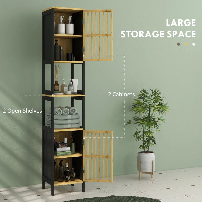 HOMCOM Bamboo-Blend Retro Cut-Out Tall Bathroom Storage Cabinet - ALL4U RETAILER LTD