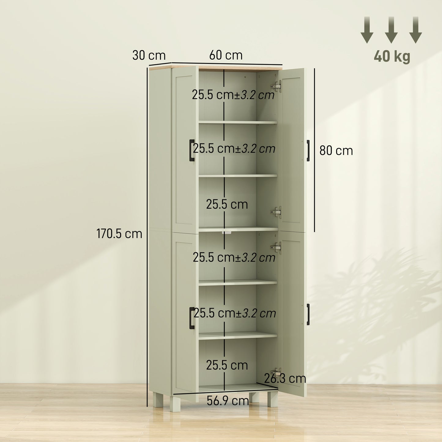 HOMCOM Freestanding Kitchen Pantry Cabinet Four Door Storage With Adjustable Shelves 170cm Tall Green
