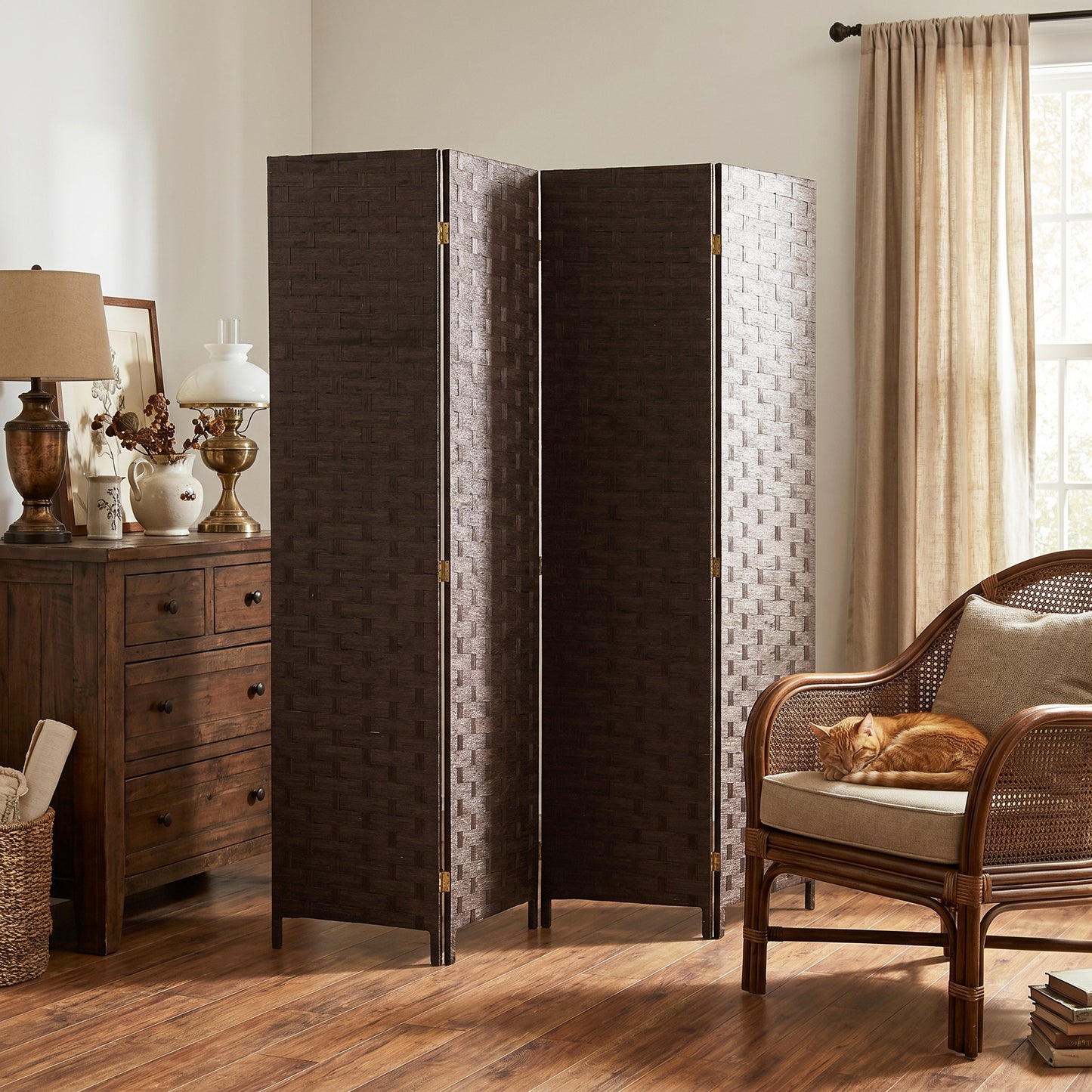 HOMCOM Wave Fibre Freestanding Folding Privacy Screen Four Panels Room Divider Dark Brown