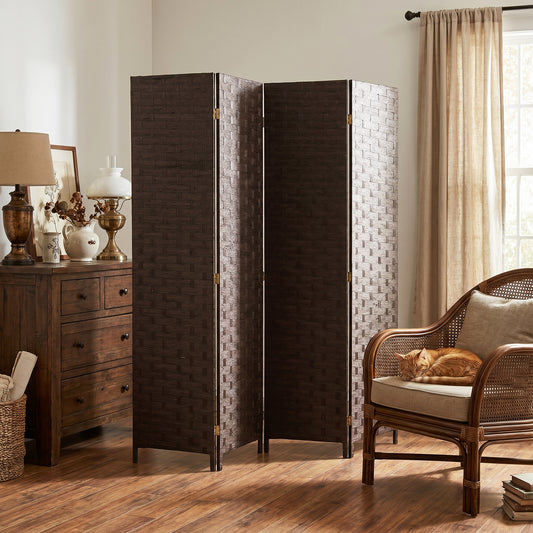 HOMCOM Wave Fibre Freestanding Folding Privacy Screen Four Panels Room Divider Dark Brown