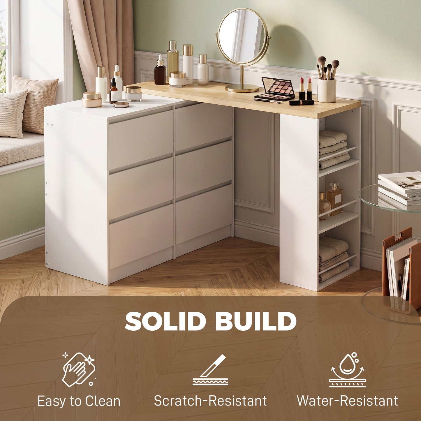 HOMCOM Vanity Table with 6 Drawers and 3 Tier Shelf White Convertible Dressing Table for Corner or Open Wall