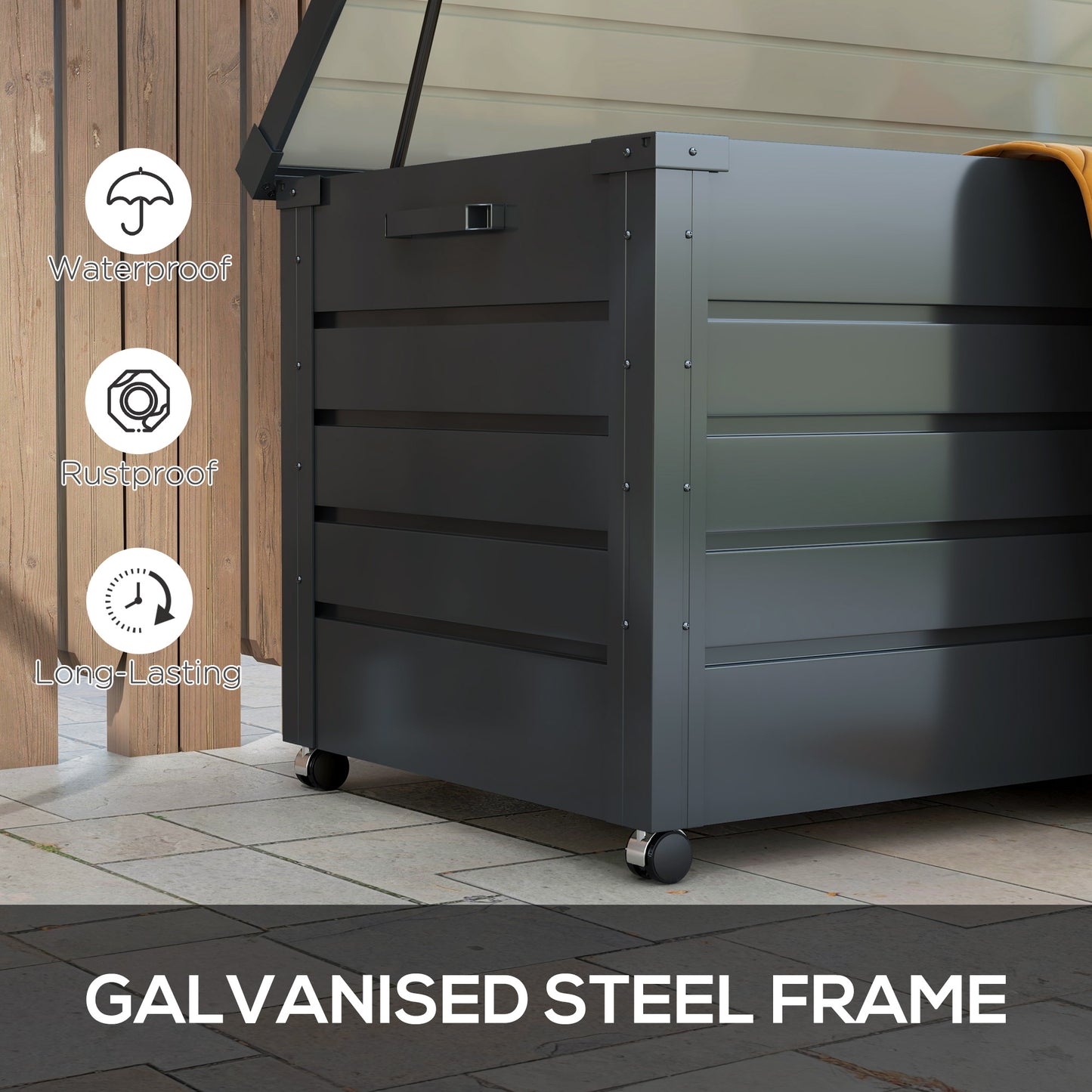 Outsunny Galvanised Steel Outdoor Storage Box with Wheels and Lock, 311L Garden Organizer in Dark Grey - ALL4U RETAILER LTD