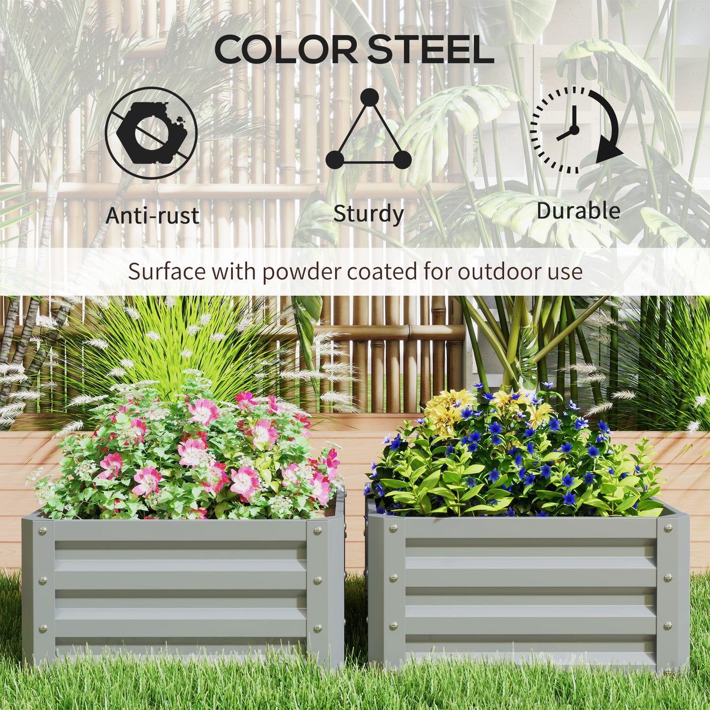 Outsunny Set Of Two 60x60cm Steel Planter Boxes Galvanised Open Bottom Raised Garden Containers For Outdoor Use
