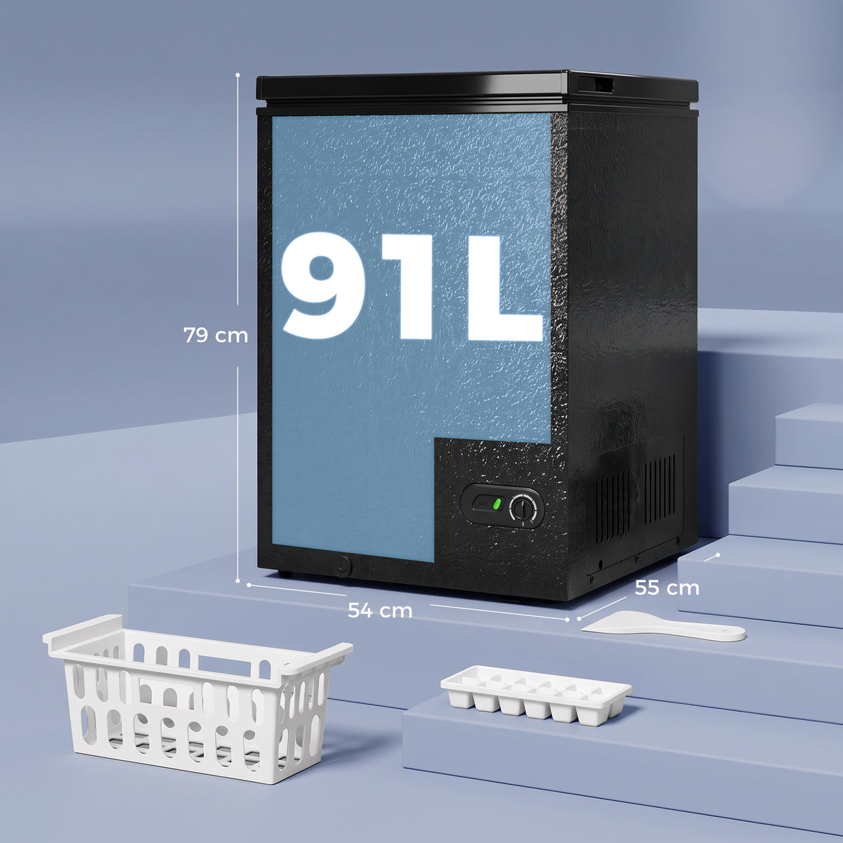 Black chest freezer with open lid and front mechanical dial