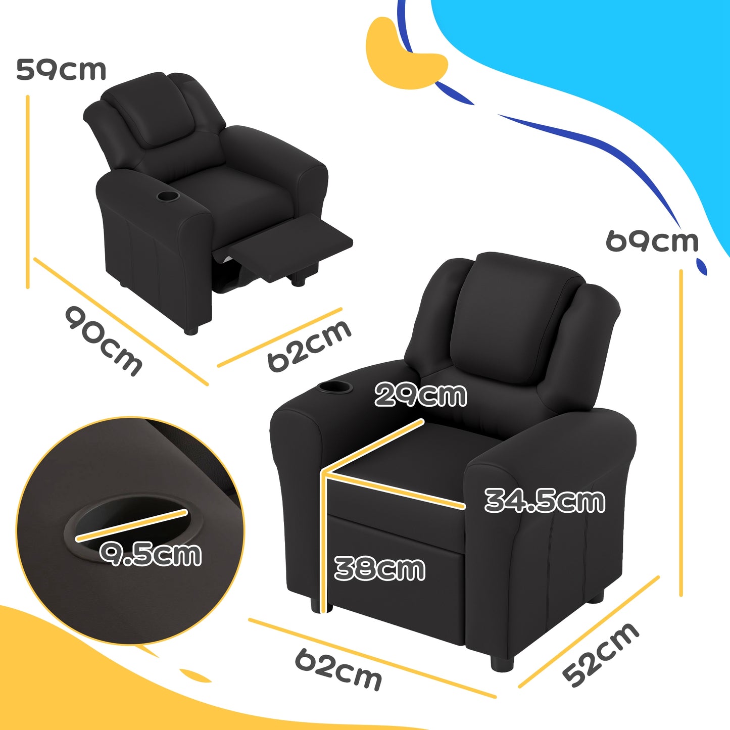 HOMCOM Children's Recliner Chair with Adjustable Backrest, Cup Holder & Padded Headrest in Black PU Leather