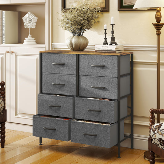 Fabric Chest Of Drawers With Eight Drawers Steel Frame With Wood Top Rustic Brown Grey For Bedroom Nursery Living Room