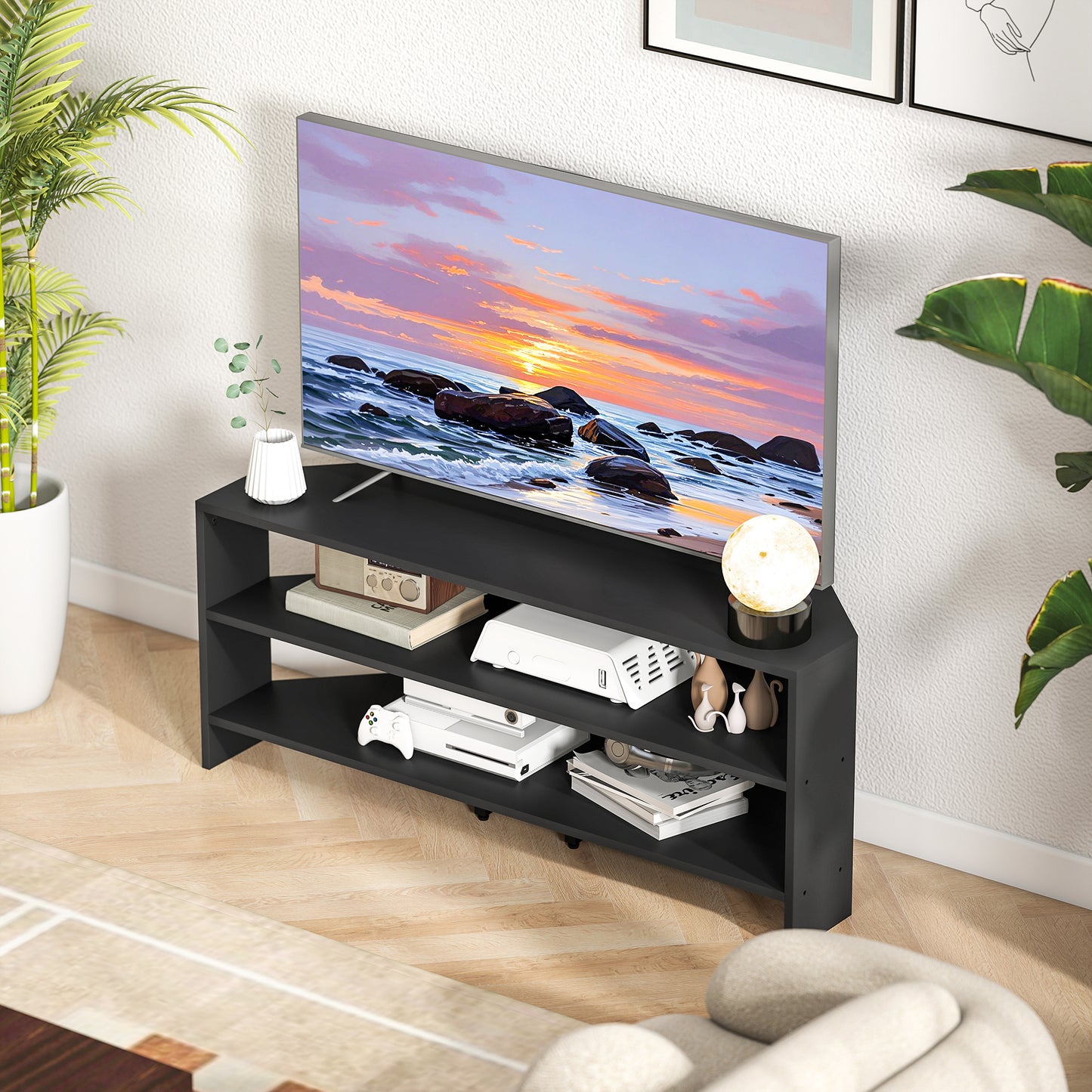 HOMCOM Corner TV Stand For 47 Inch TVs With Two Open Shelves Black Finish For Living Room