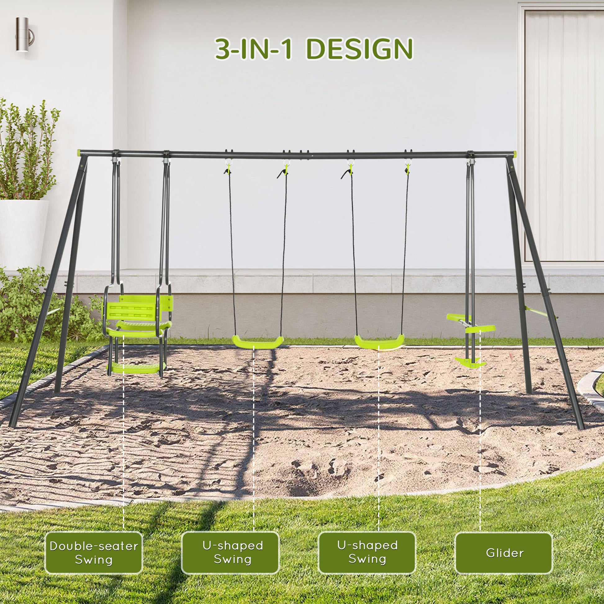 Outsunny Outdoor Metal Swing Set with Dual Seats and Glider for Kids - Green - ALL4U RETAILER LTD