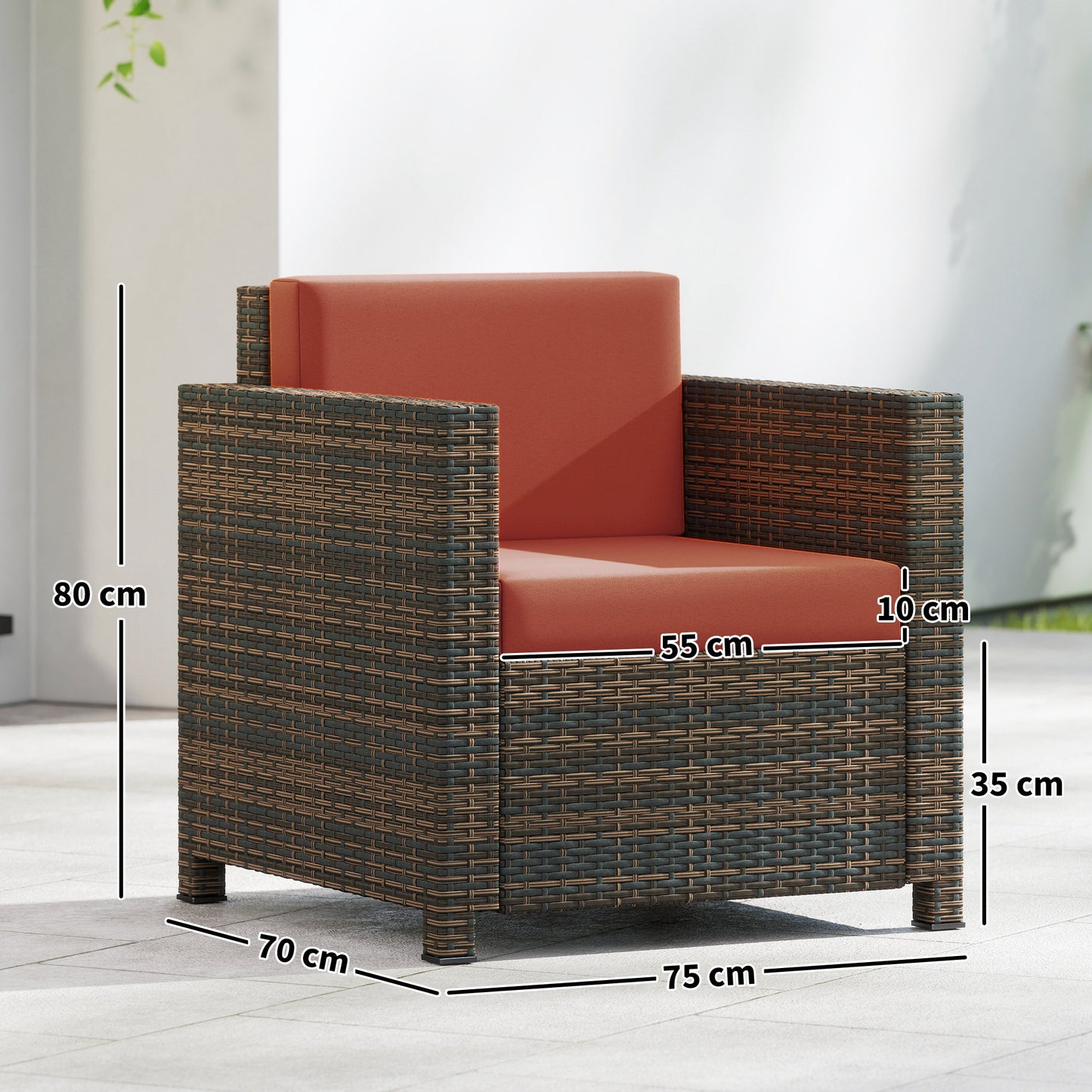 Outsunny PE Rattan Garden Armchair With Cushion In Mixed Brown And Orange Outdoor Patio Furniture