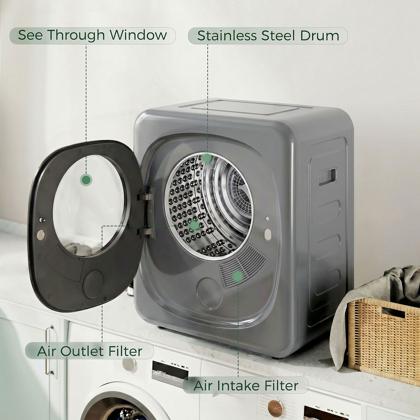 HOMCOM 4kg Vented Tumble Dryer 5 Drying Modes 800W Compact Freestanding Front Tumble Dryer Silver