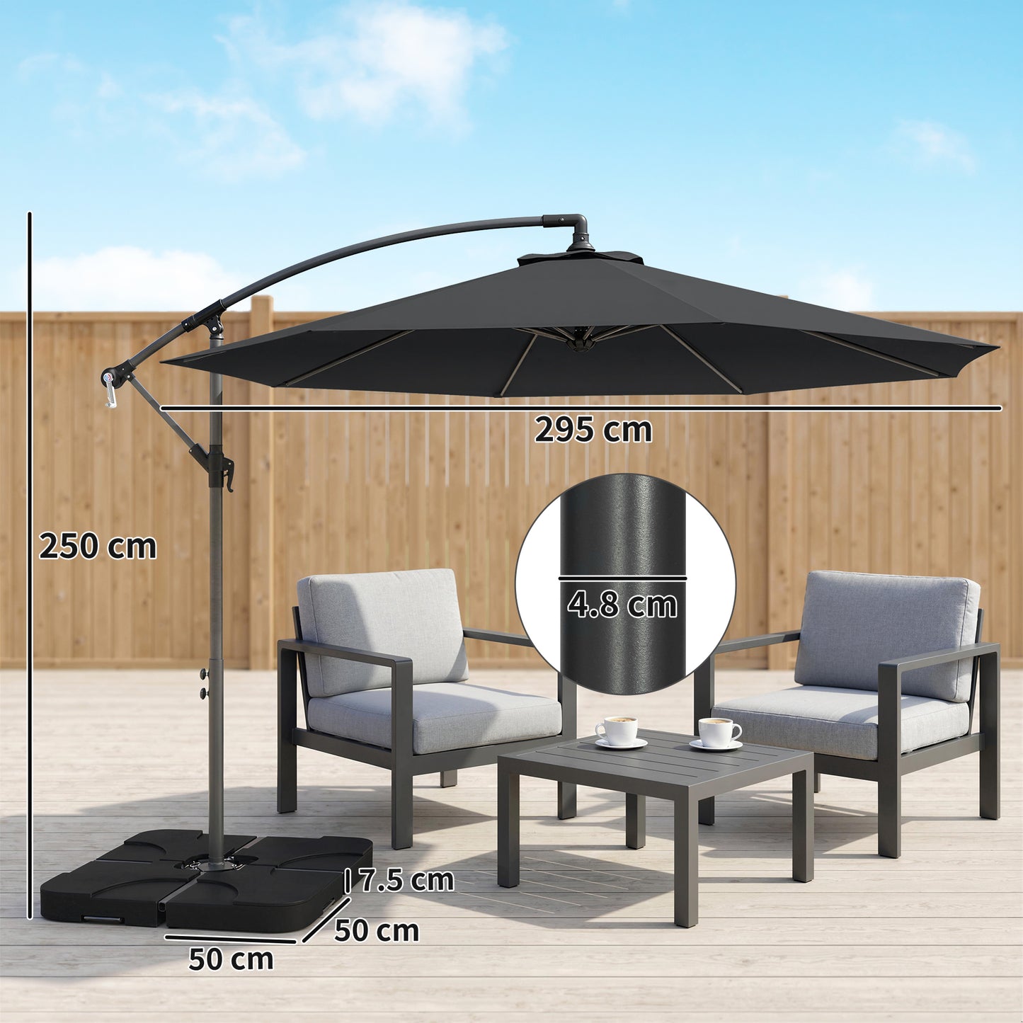 Outsunny 3m Overhanging Cantilever Parasol With Base, Weights and Cover for Outdoors Black