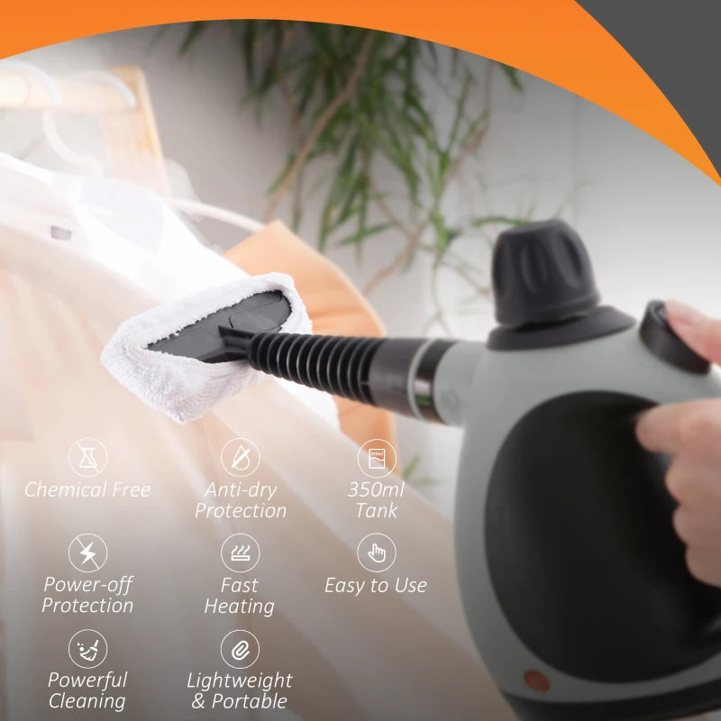 HOMCOM Handheld Steam Cleaner - 1050W Portable Multi-purpose Steamer with 9-Piece Accessory Kit for Chemical-Free Cleaning of Kitchen, Bathroom, Windows, Car Seats, Carpets, Sofas - 350ML Tan - ALL4U RETAILER LTD