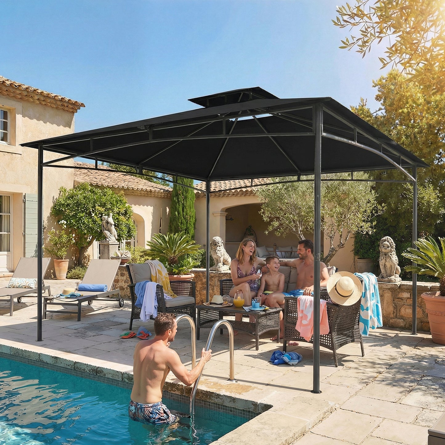 Outsunny 3x3m Gazebo With 2 Tier Roof Weatherproof Waterproof Garden Shade Rust Resistant Metal Frame Black