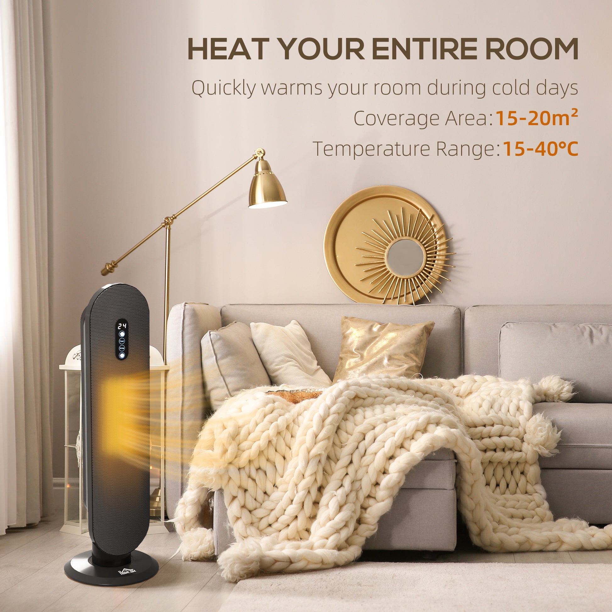 HOMCOM Portable Ceramic Tower Heater with Remote, Oscillation, Timer, and Safety Features - 1200W/2000W, Black - ALL4U RETAILER LTD