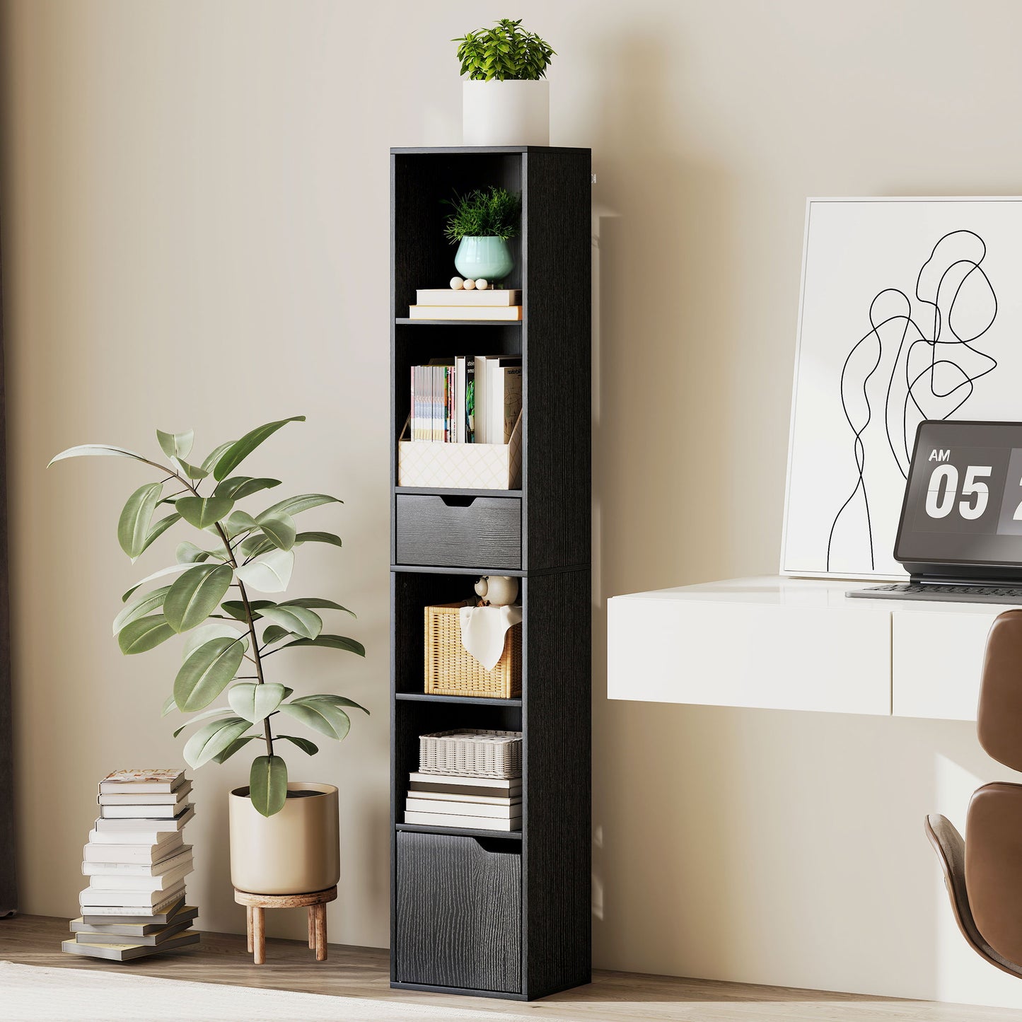 HOMCOM 6-Tier Tall Narrow Bookcase With Drawer And Door Black Finish Perfect For Small Living Rooms