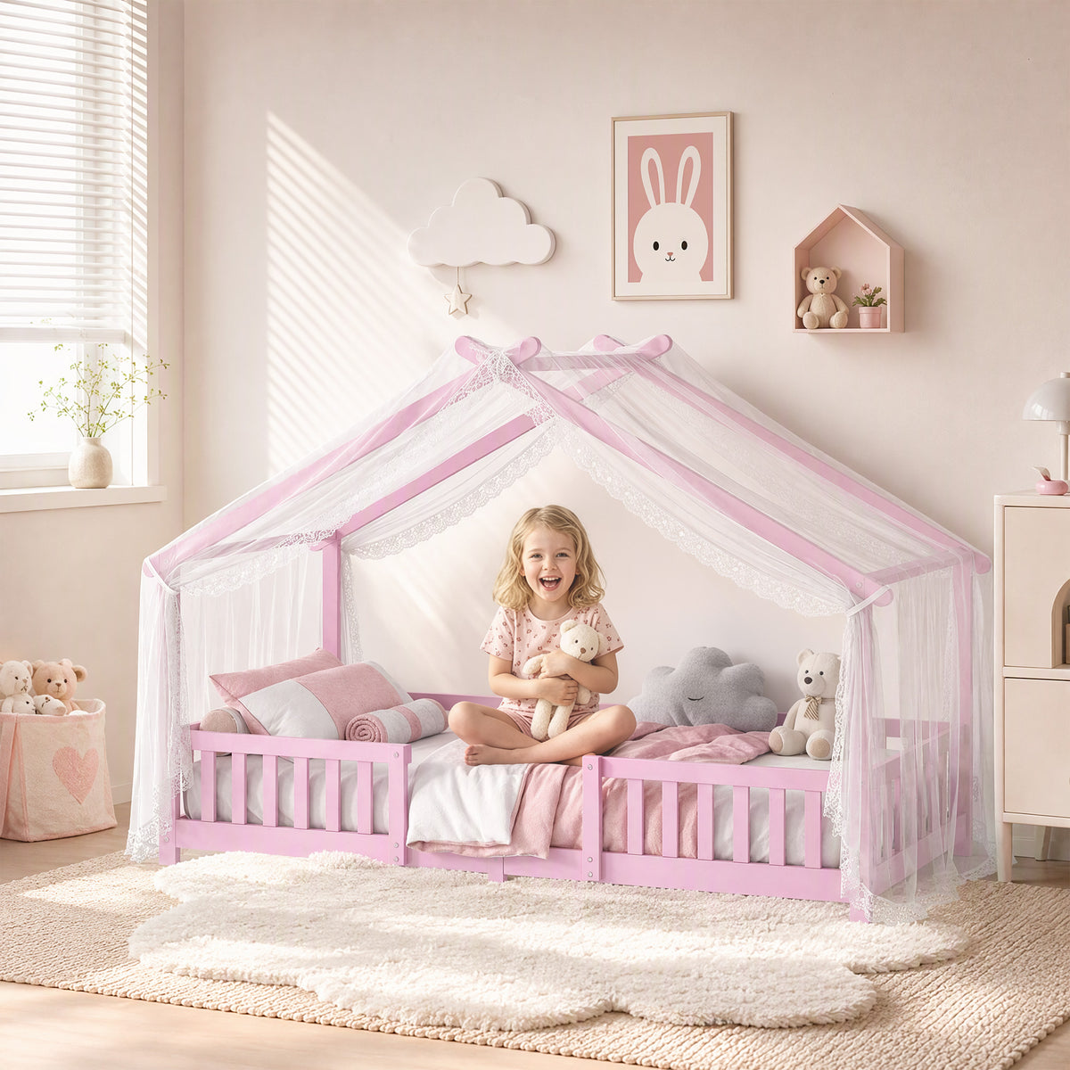 AIYAPLAY Pink Solid Pine House Bed Frame for Kids with Dual Guardrails