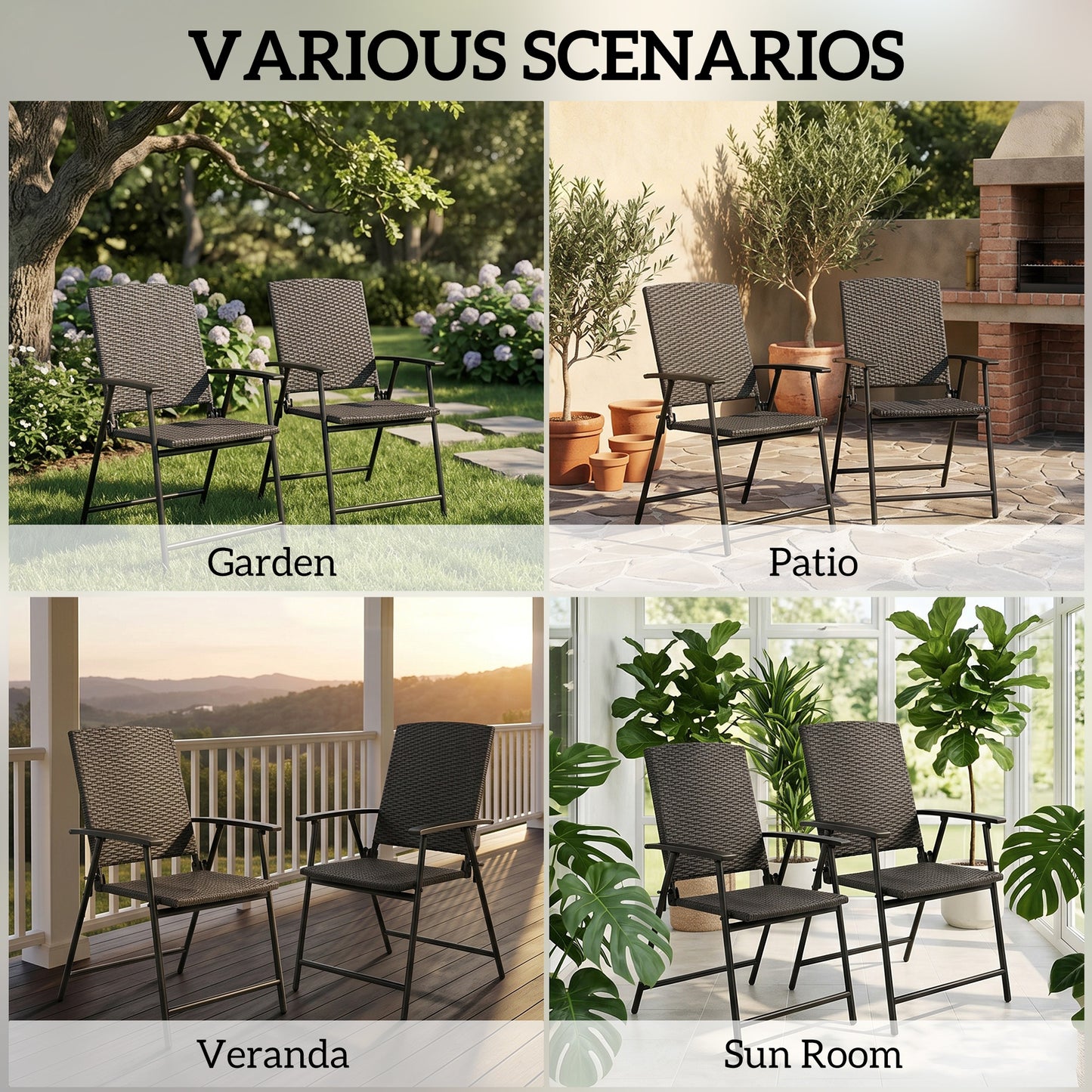 Outsunny Set Of Two Folding Rattan Chairs Black Outdoor Weather Resistant Steel Frame