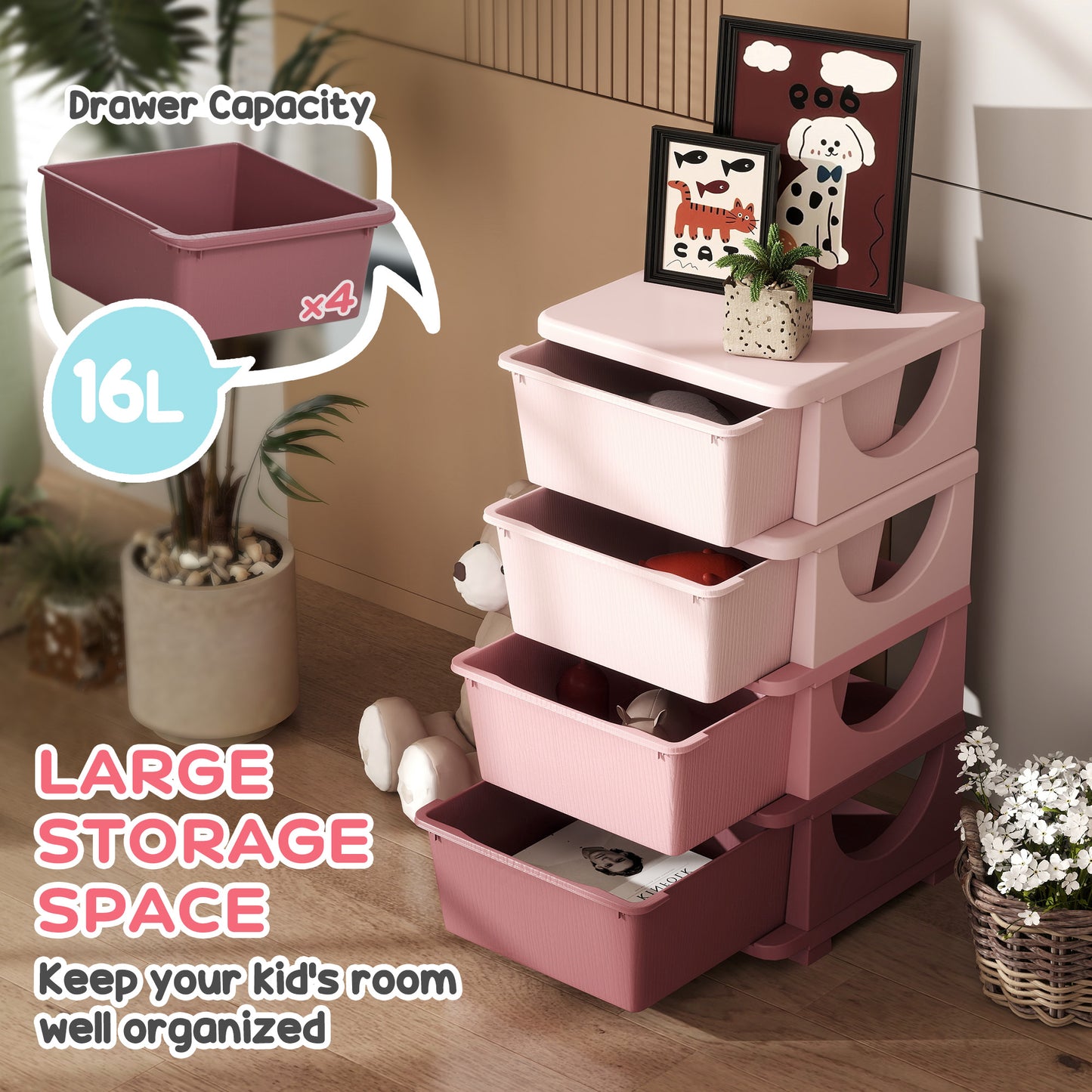 HOMCOM Four Tier Kids Storage Boxes With Four Drawers Pink Durable Plastic Toy Organizer
