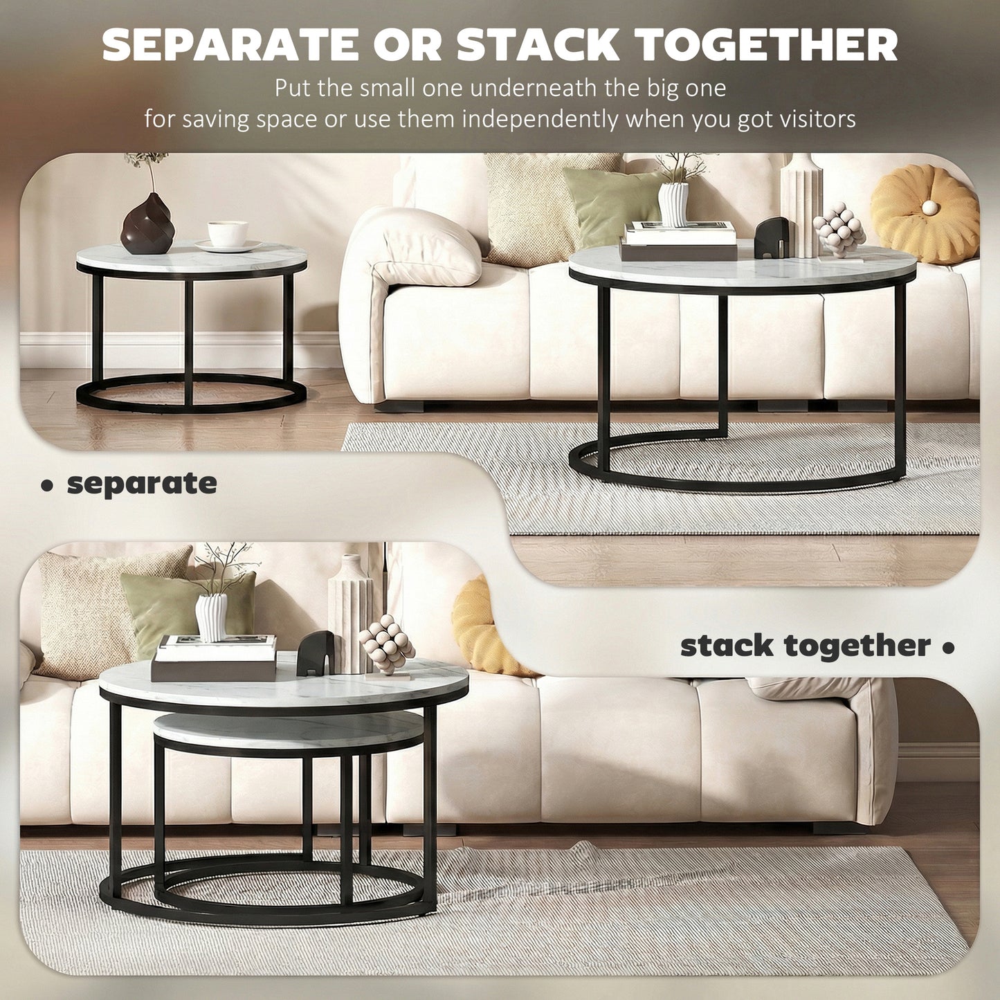 HOMCOM Marble Effect Stacking Tables Set Of Two White With Steel Bases For Space Saving Overlapping Design