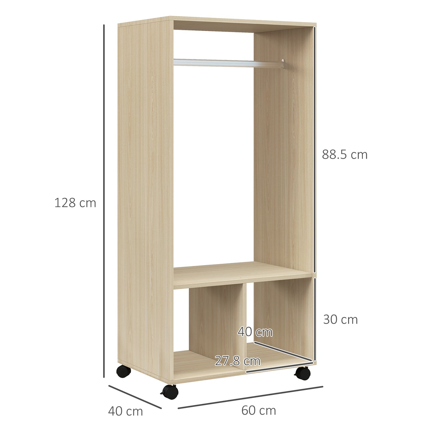HOMCOM Open Wardrobe On Wheels With Hanging Rail And Two Storage Shelves In Natural Finish For Cloakroom Hallway