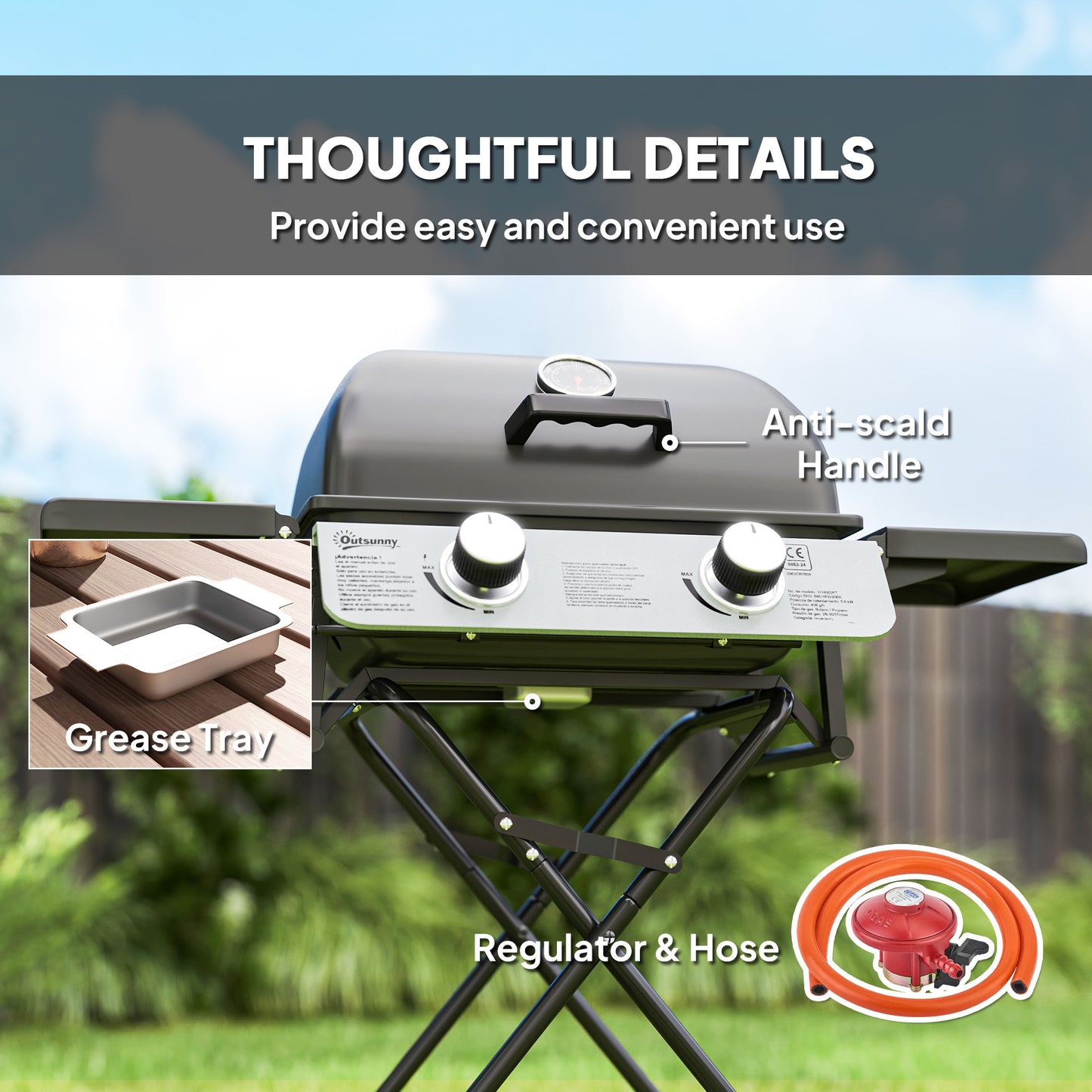 Outsunny Two Burner Portable Suitcase Gas Grill With Piezo Ignition And Side Tables Black