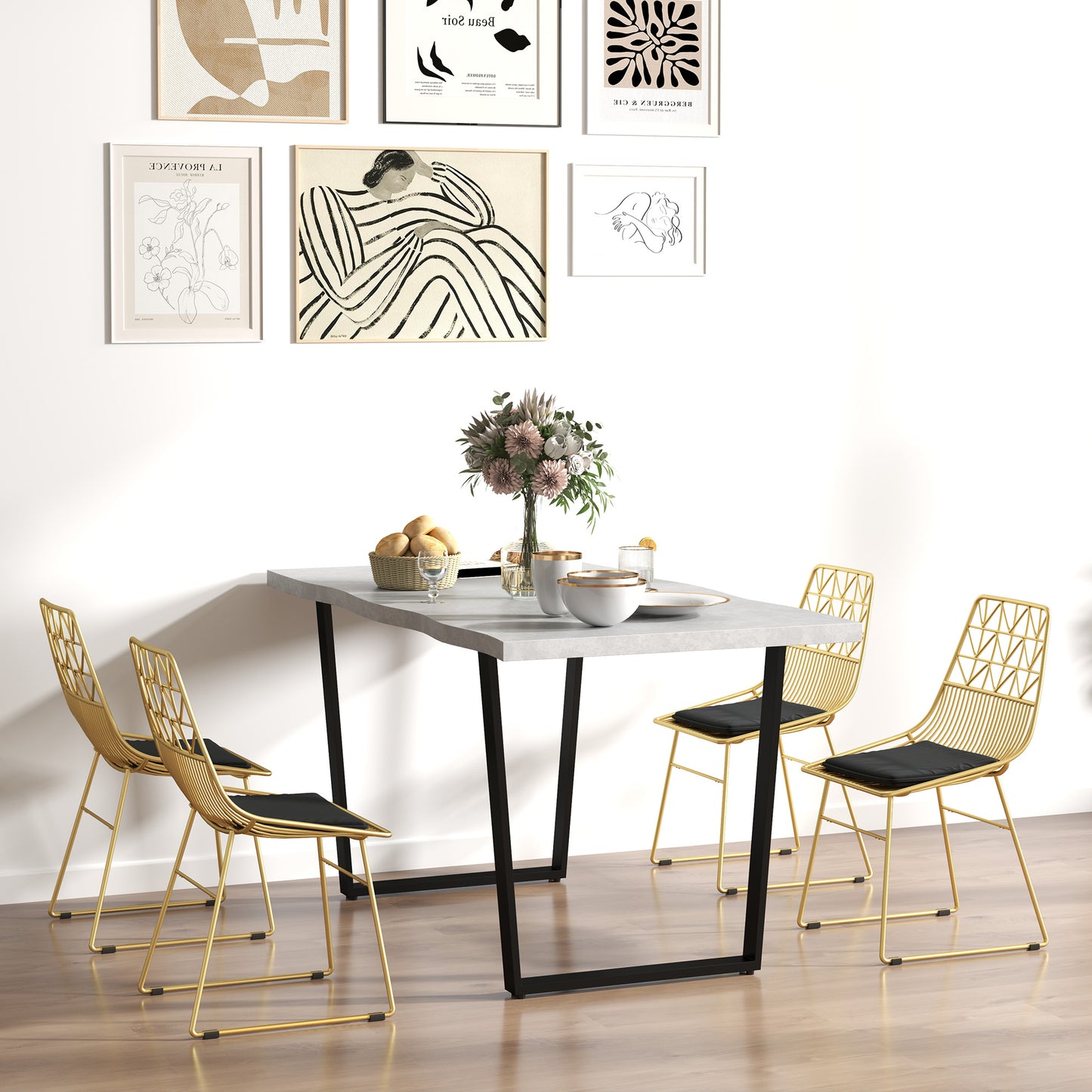 HOMCOM Luxurious Dining Chairs Set Of 4 Gold Tone Metal Wire Kitchen Chairs With Removable Velvet Cushions