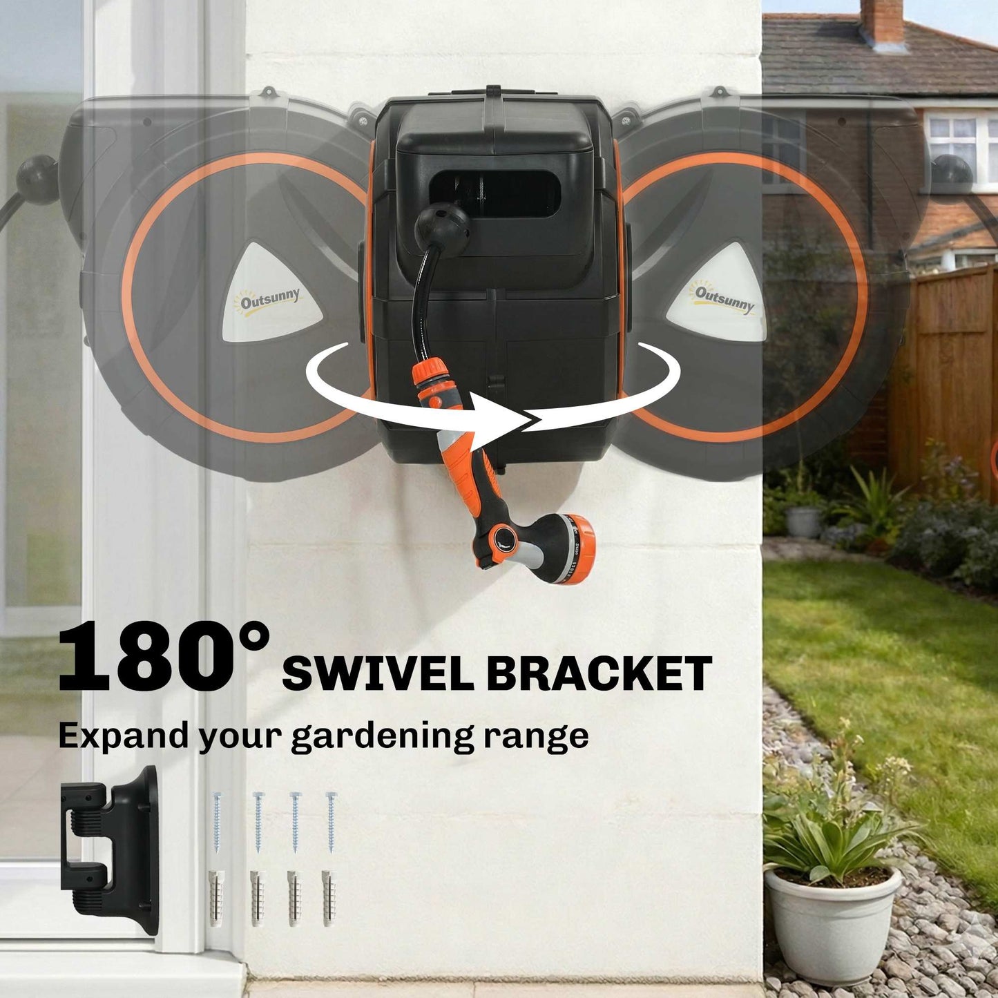 Outsunny Retractable Hose Reel Wall Mounted With Auto Retraction Self Locking Slow Return 12 Pattern Nozzles 23m Hose
