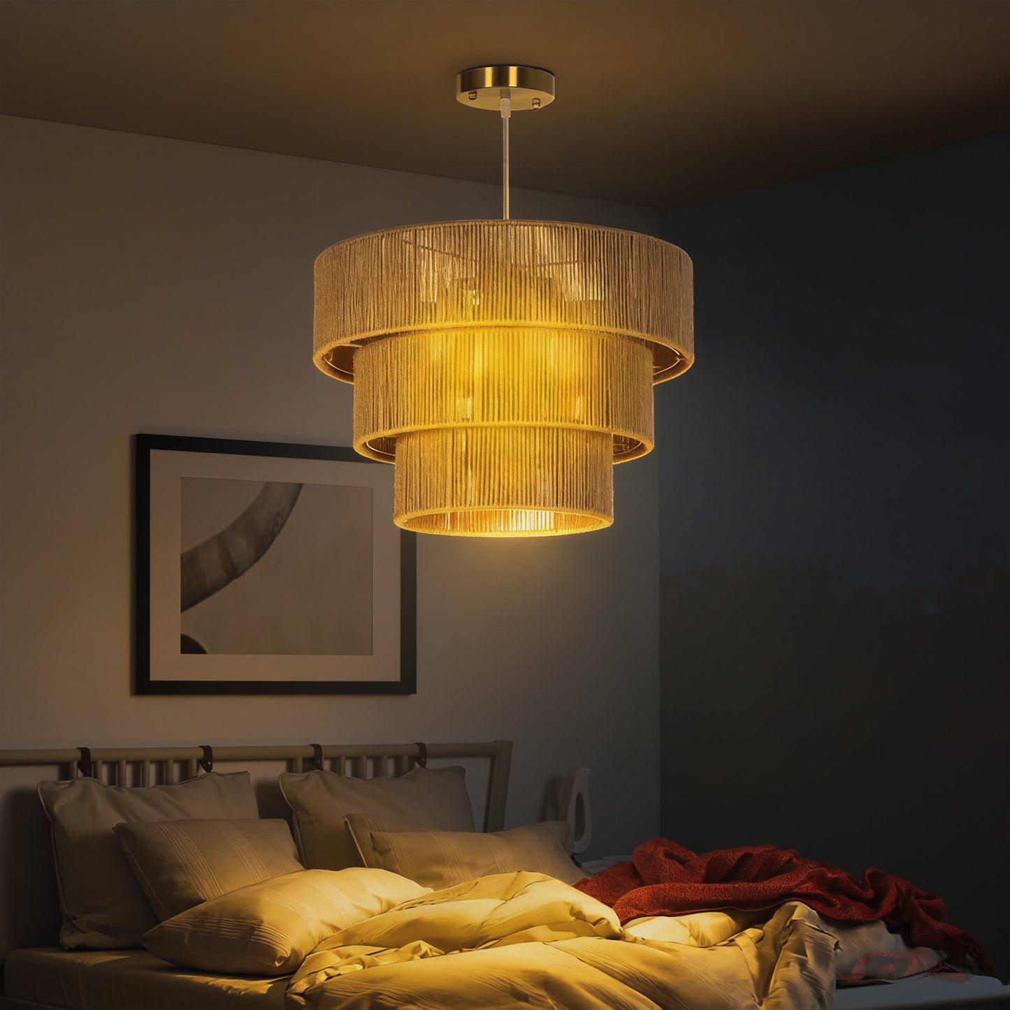 HOMCOM Hemp Rope Ceiling Light 3 Layer Boho Pendant With 4 E14 Fixtures For Living Room Bedroom Hallway Light Brown