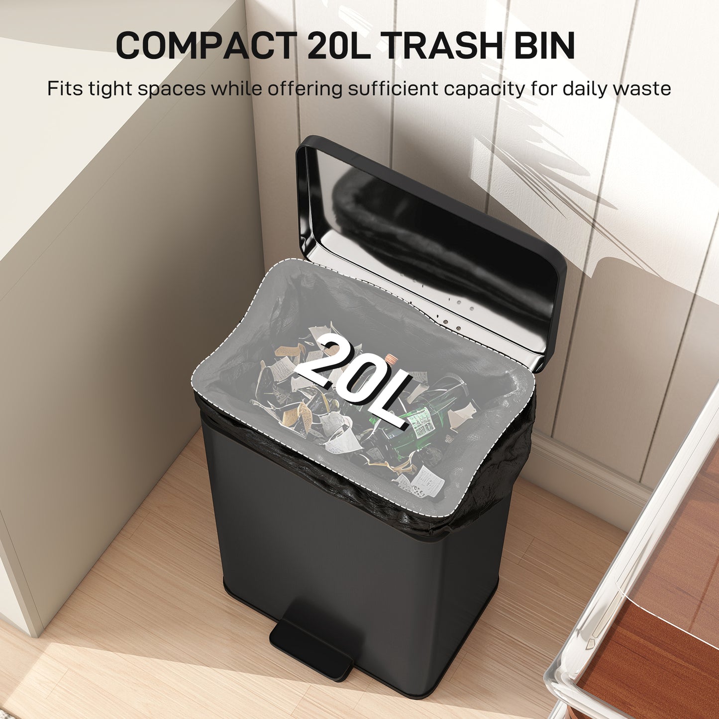 HOMCOM 20L Stainless Steel Pedal Bin With Soft Close Lid Stay Open Function Matte Black Removable Inner Bucket
