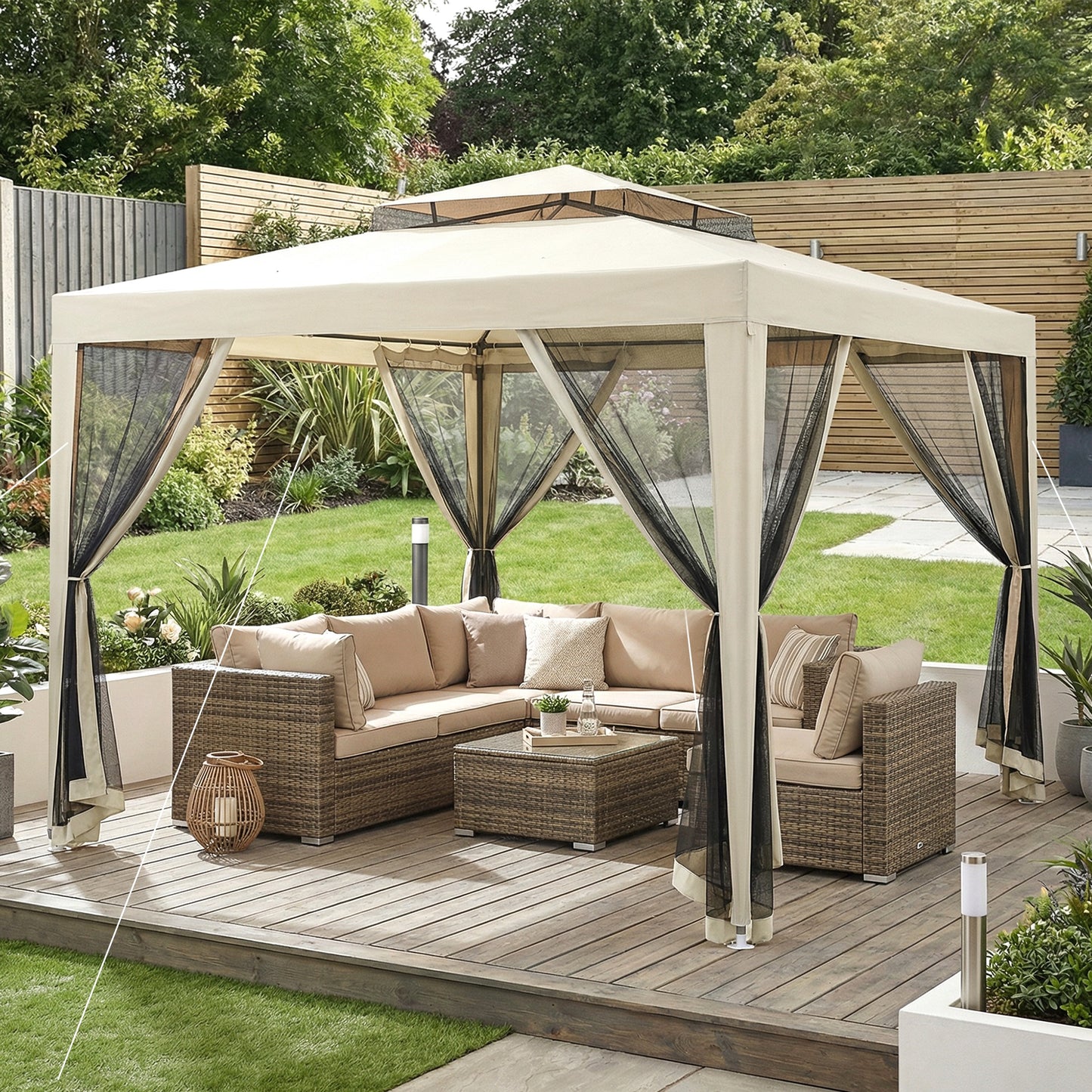 Outsunny 3 X 3 M Gazebo With Netting Party Tent And Double Tier Roof Beige Outdoor Event Shelter