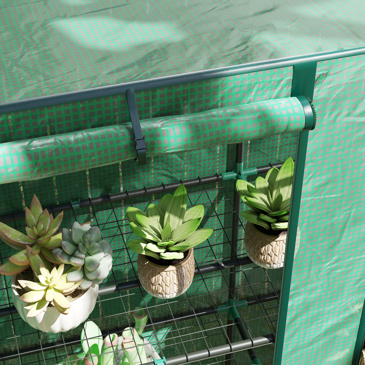 Outsunny Three Tier Mini Greenhouse Green With Roll Up Zip Door And 140 Gram Per Square Meter Plastic Cover