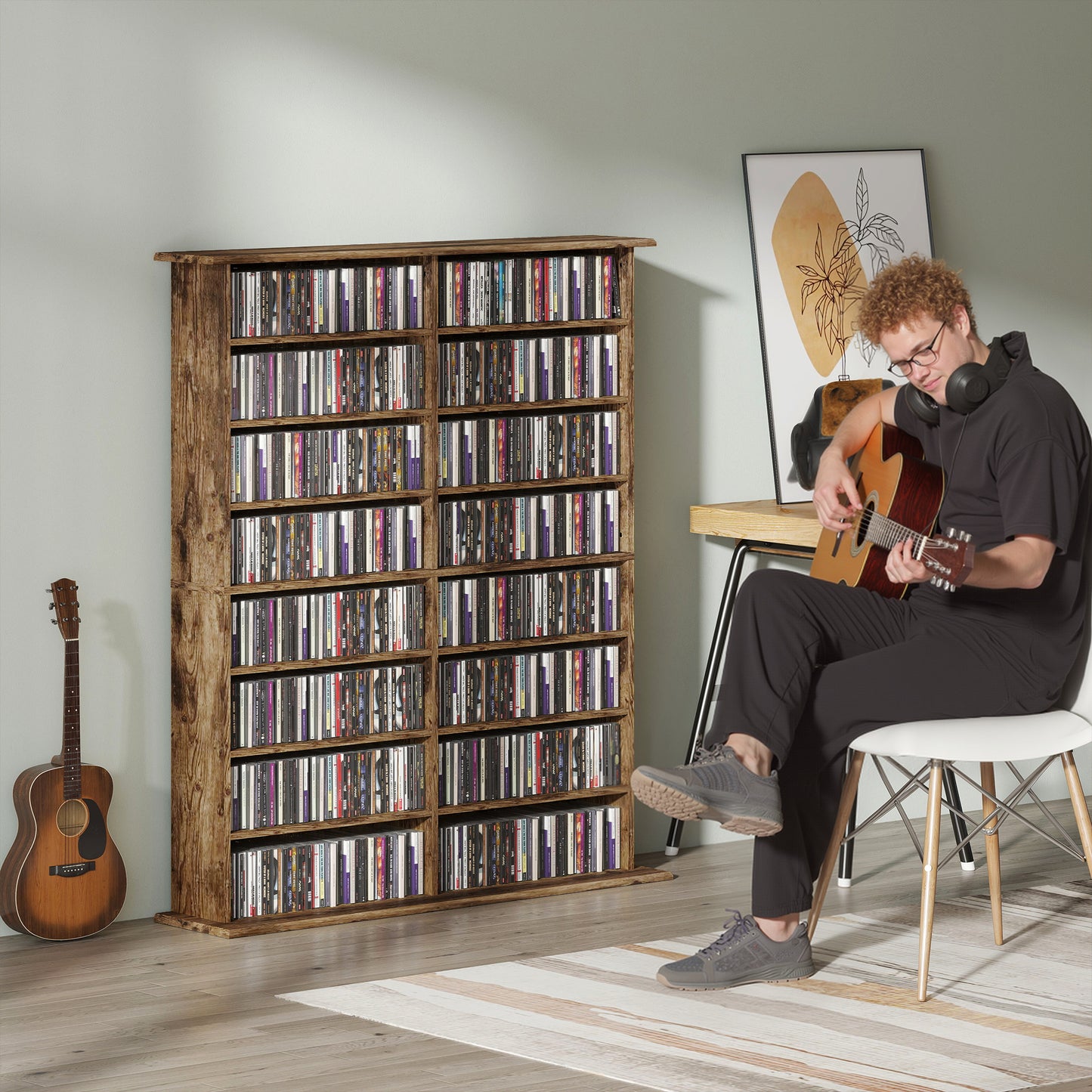 HOMCOM 16 Compartment Media Shelf Rustic Brown with Adjustable Shelves Holds 720 CDs 396 DVDs Blu Rays