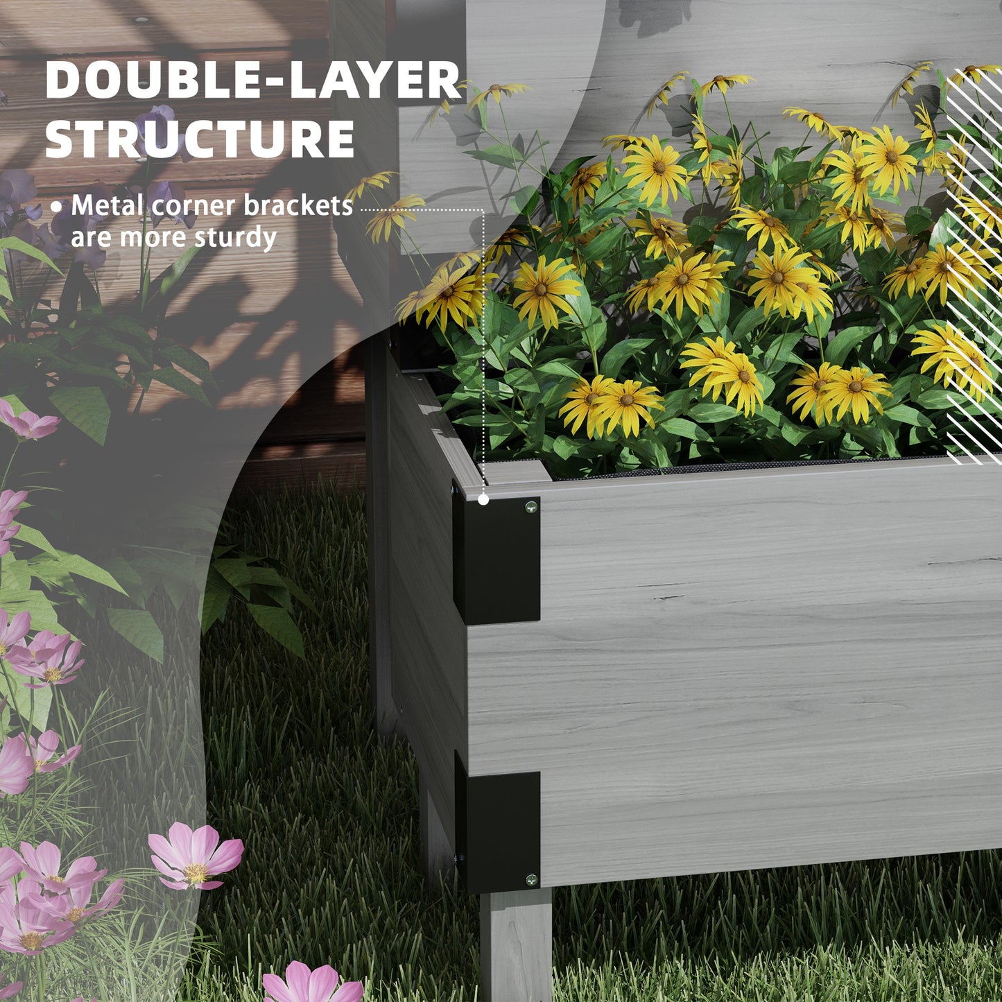 Outsunny Raised Garden Bed With Trellis Two-Tier Wooden Elevated Planter Box For Vegetables Flowers Herbs Grey