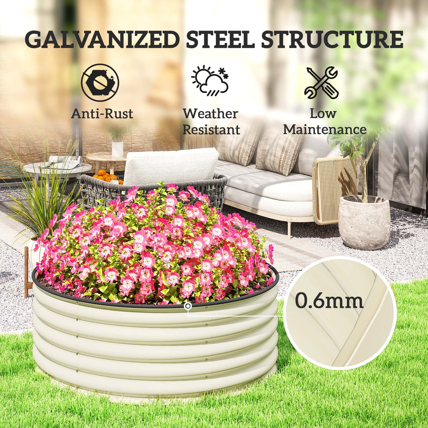 Outsunny Galvanised Raised Garden Bed With Safety Edging Outdoor Planter Box With Gloves 120 x 120 x 43cm Cream White