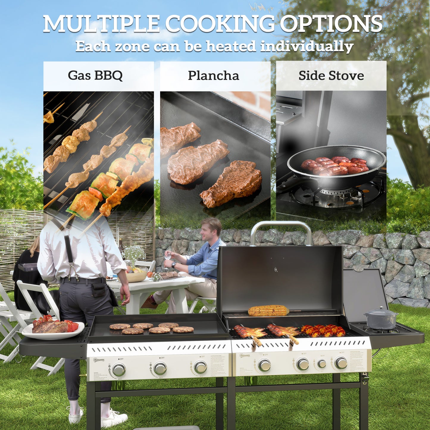 Outsunny Deluxe Duo Gas BBQ With Grill Plancha And Side Burner Large 5565 Cm2 Cooking Surface Black