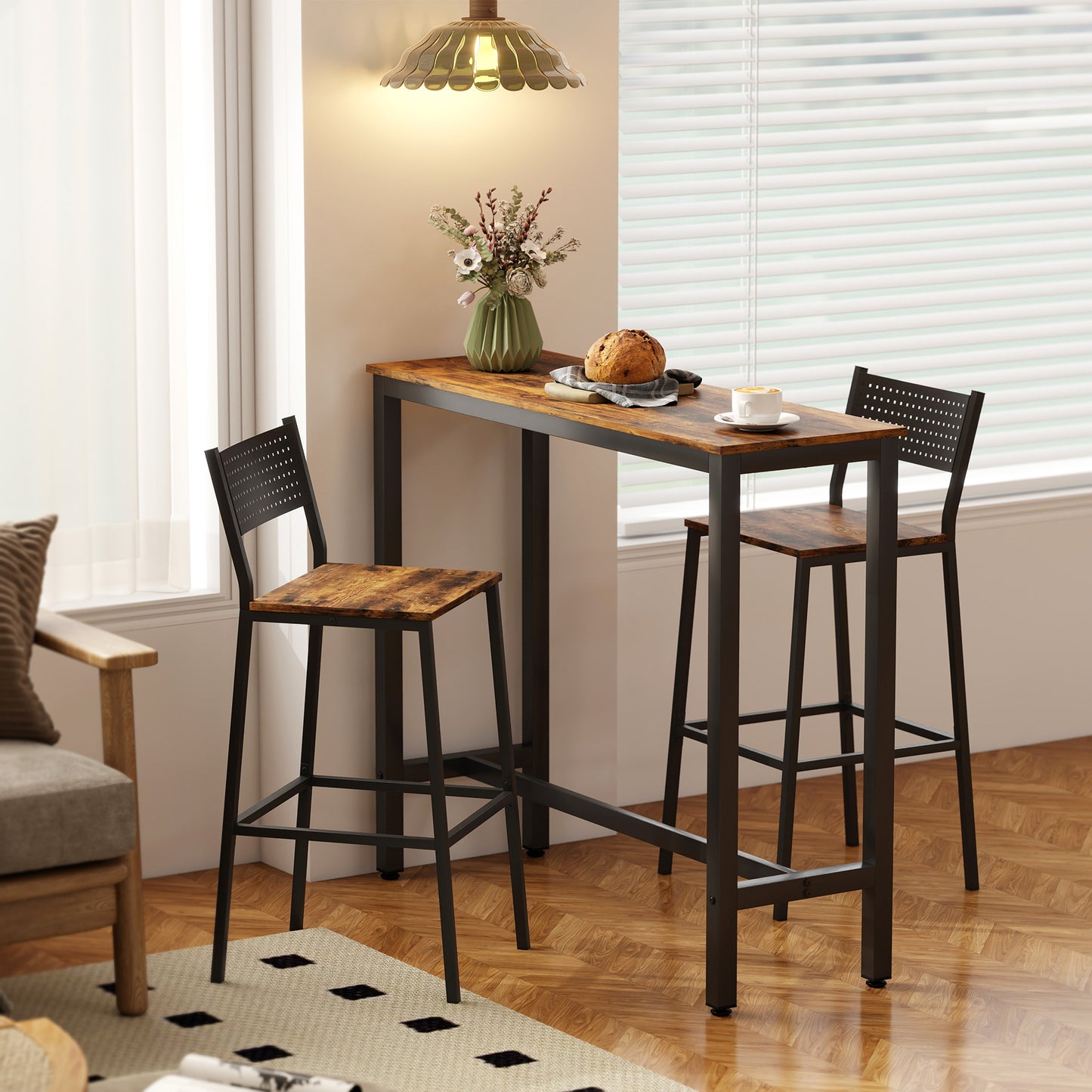 HOMCOM Rectangular Bar Table Wood Effect Pub Coffee Table For Small Space Industrial Rustic Brown