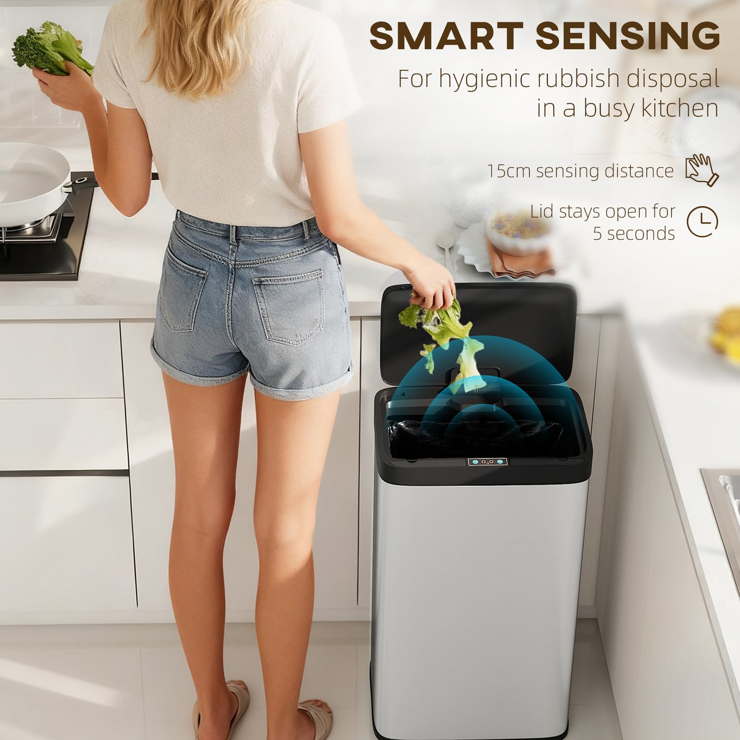 HOMCOM 45 Liter Stainless Steel Trash Can With Touchless Motion Sensor And Soft Close Lid Removable Inner Bucket