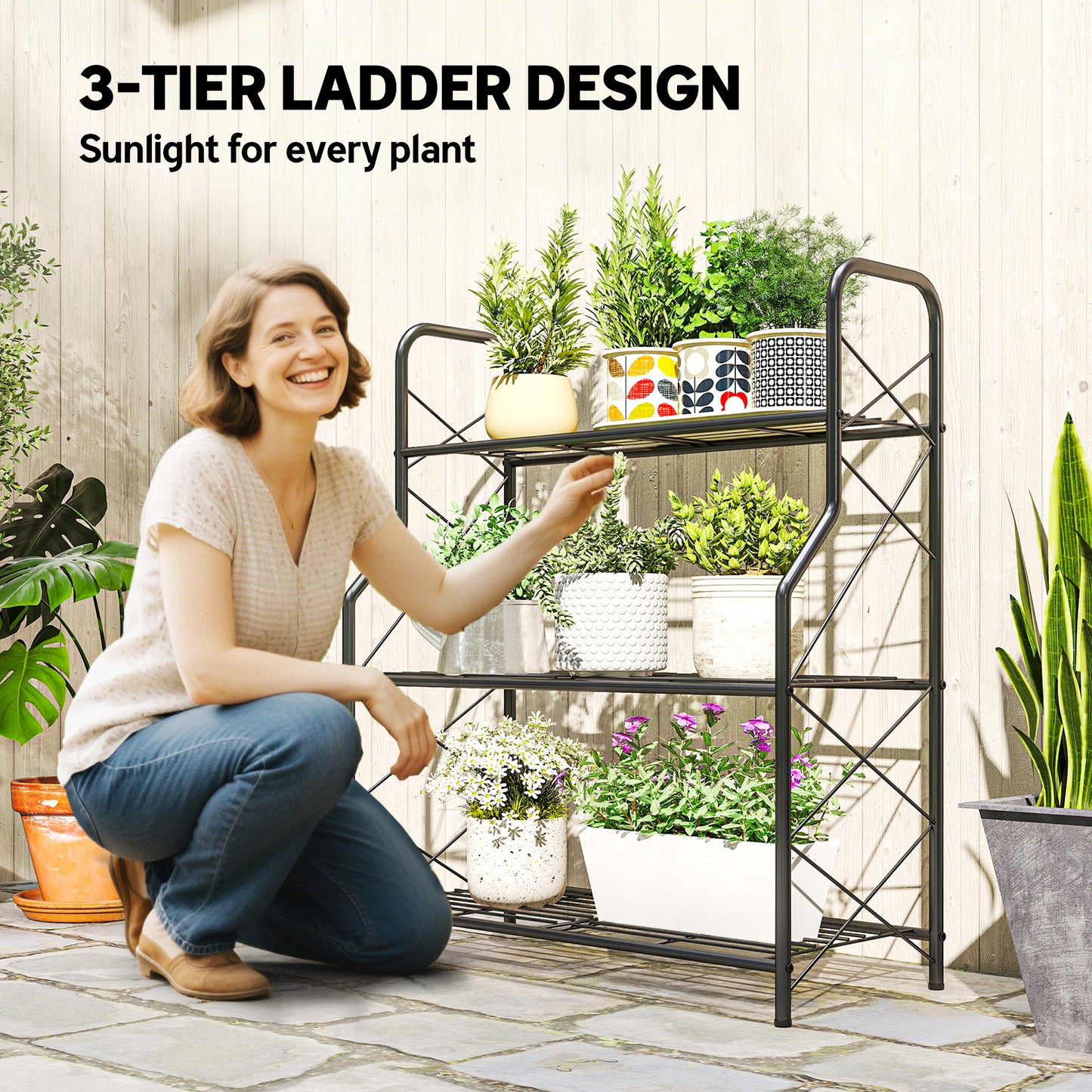 Outsunny 3 Tier Metal Plant Stand Heavy Duty Ladder Shelf Potted Plants Display Rack Indoor Outdoor Flower Pot Holder